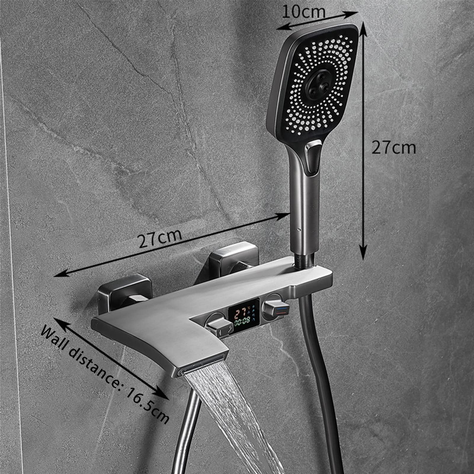 Bateria prysznicowa termostatyczna, bateria wannowa typu wodospad z wyświetlaczem temperatury, zestaw baterii ściennych do wanny z ręcznym natryskiem 3-funkcyjnym, pistolet szary