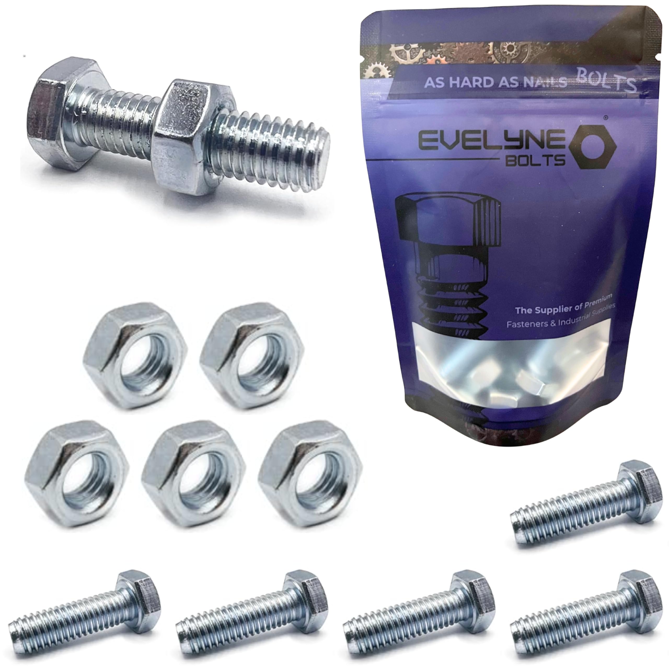M10 Nuts & Bolt Set - 5 Pack (M10 x 25mm Bolts & M10 Nuts) Hex Bolt/Setscrew Fully Threaded, Silver, M10 x 25mm Bolts + Nuts