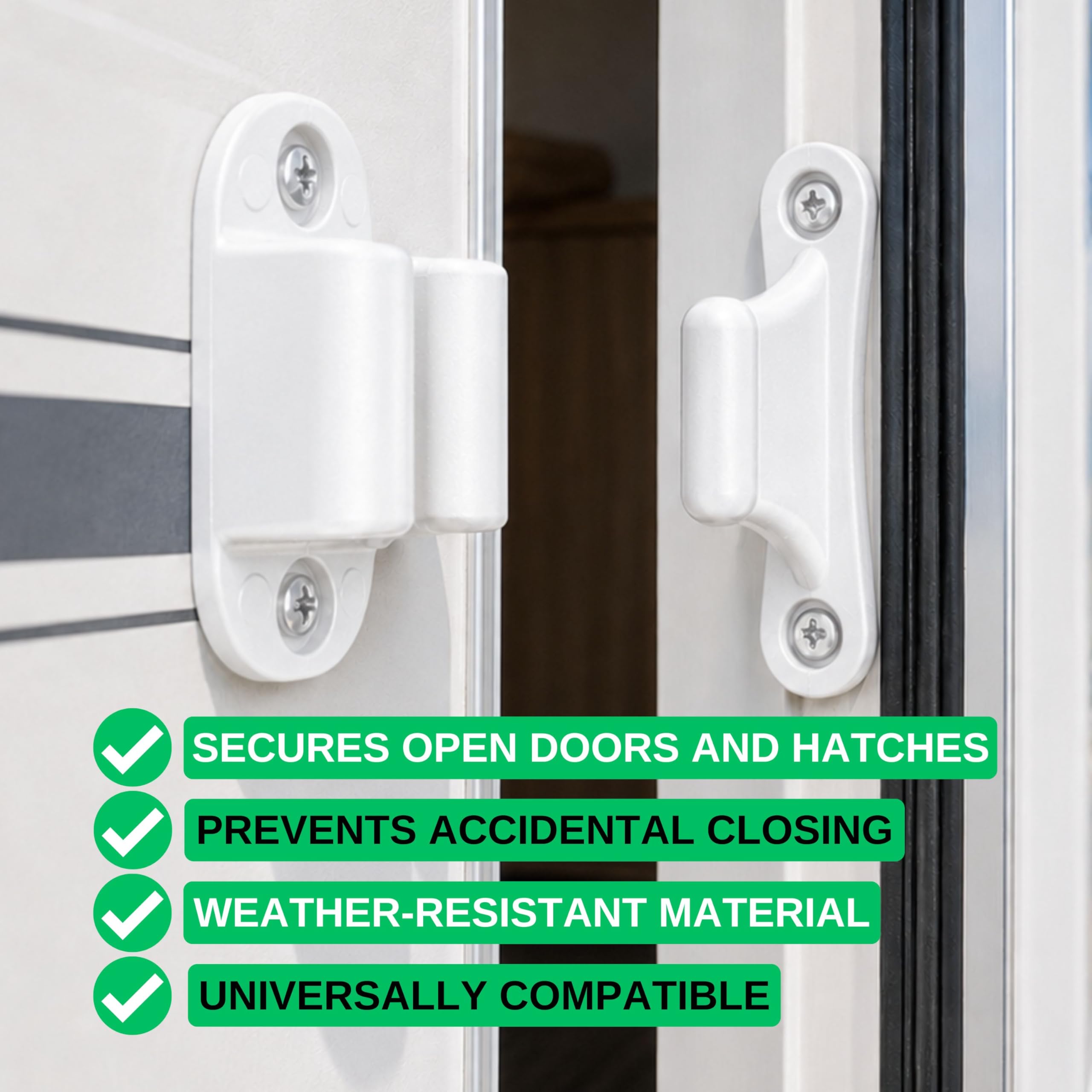 Fermo per Porta Roulotte e Camper, Interasse fori 35 mm e 48 mm, Serratura di Bloccaggio Bianca, per Sportelli di Servizio e Gavoni di Stoccaggio, Sicura per Porta Camper, Accessori Camper Roulotte
