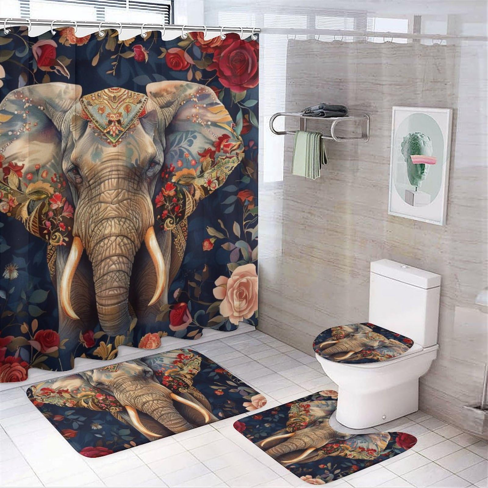 HDESDIS 4Pcs Colorful Elephant Shower Curtain Sets, Bath Mat and Rugs, Abstract Floral Nature Plants Shower Curtain with Hooks for Bathroom