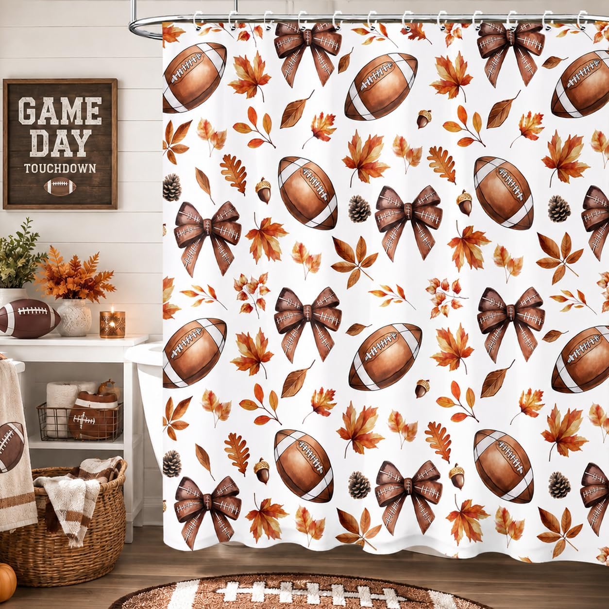 Fall Cat Shower Curtain, Autumn Pumpkin Maple Leaves Cute Funny Cat Shower Curtains Set, Rustic Farmhouse Thanksgiving Harvest Fabric Shower Curtains for Bathroom with Hooks 72X72IN