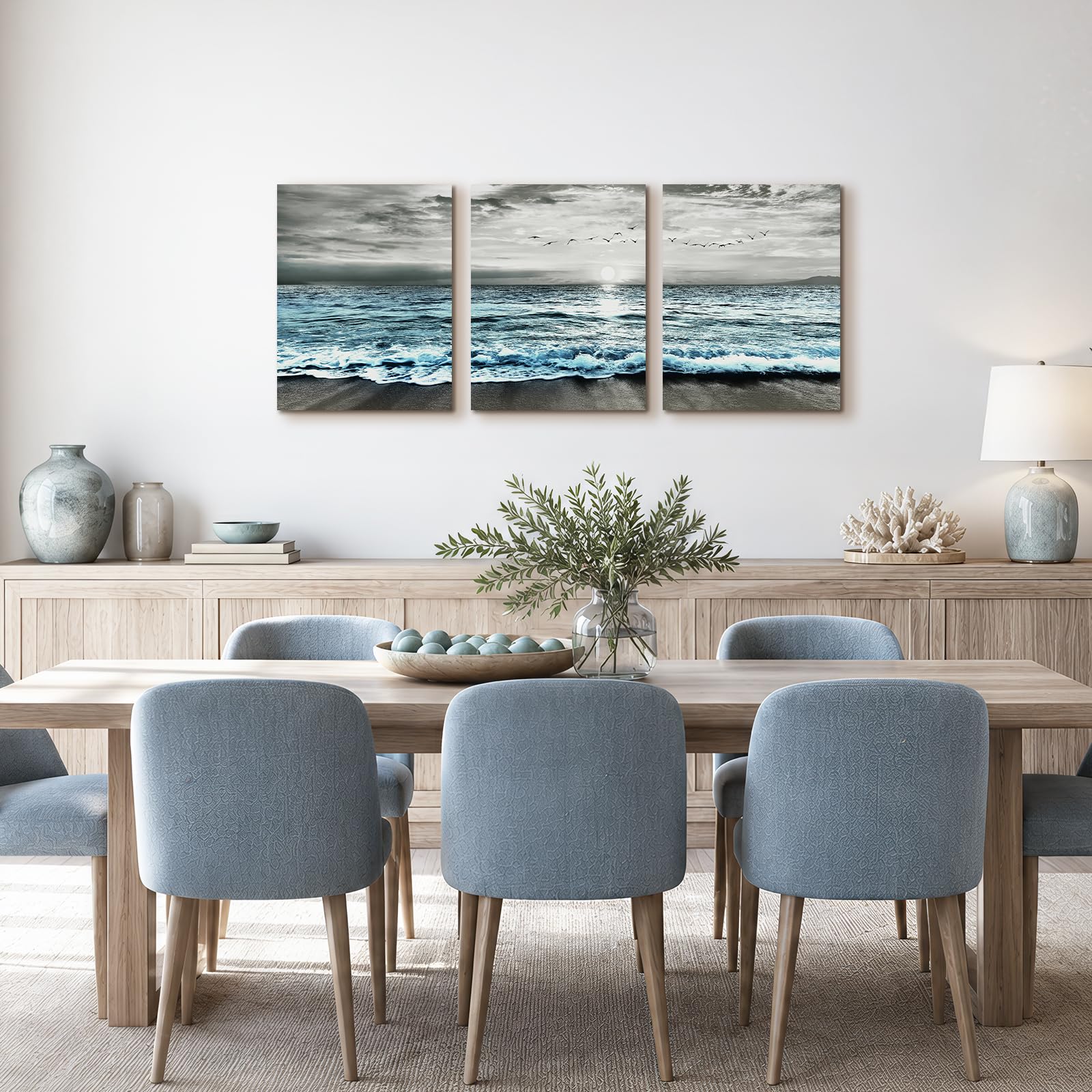 MHARTK66 Quadri Moderni Uccelli Della Spiaggia All'alba, Quadro Su Tela Grigio Blu Mare Oceano Quadro Moderno Soggiorno Camera da Letto Sala Da Pranzo Bagno Cucina e Ufficio