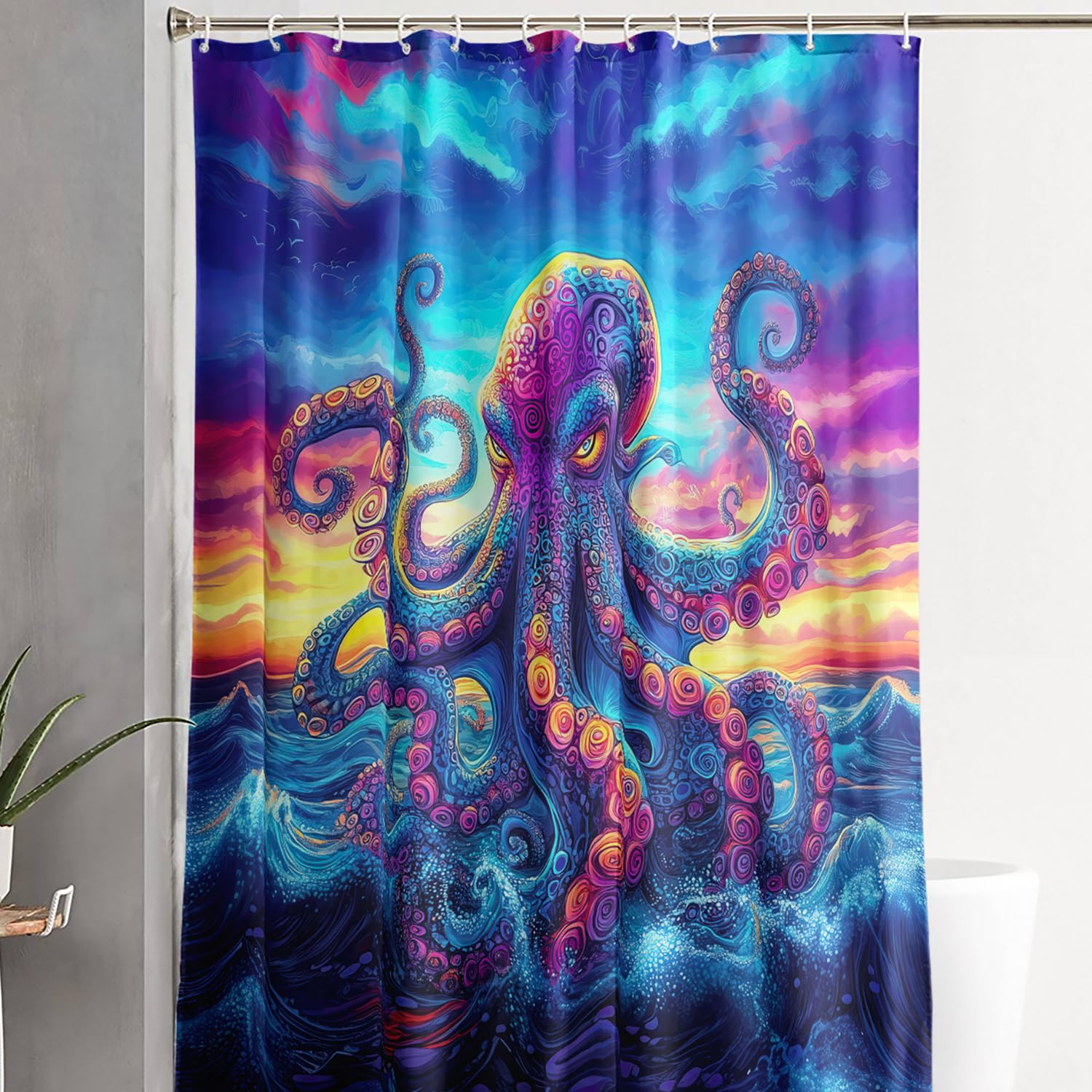 AILONEN Octopus Shower Curtain Set,Cartoon Octopus Bath Curtains Set for Kids Girls Boys,Sea Animal Theme Waterproof Shower Curtain Set with Hooks for Bathroom Decor,72