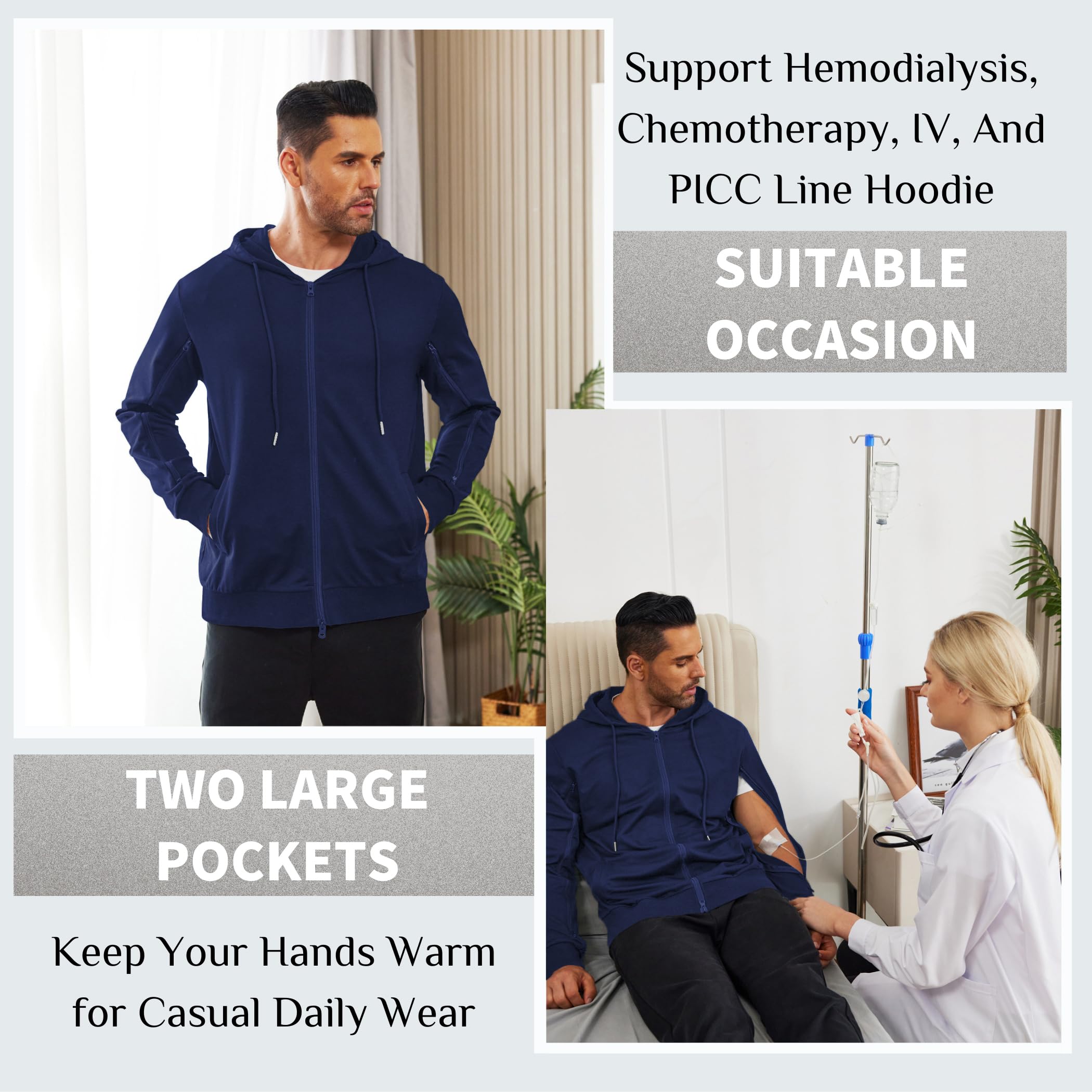 Deyeek Dialysis Sweatshirt with Arm Zipper Full-Zip Lightweight Hemodialysis Cotton Jacket with Pockets