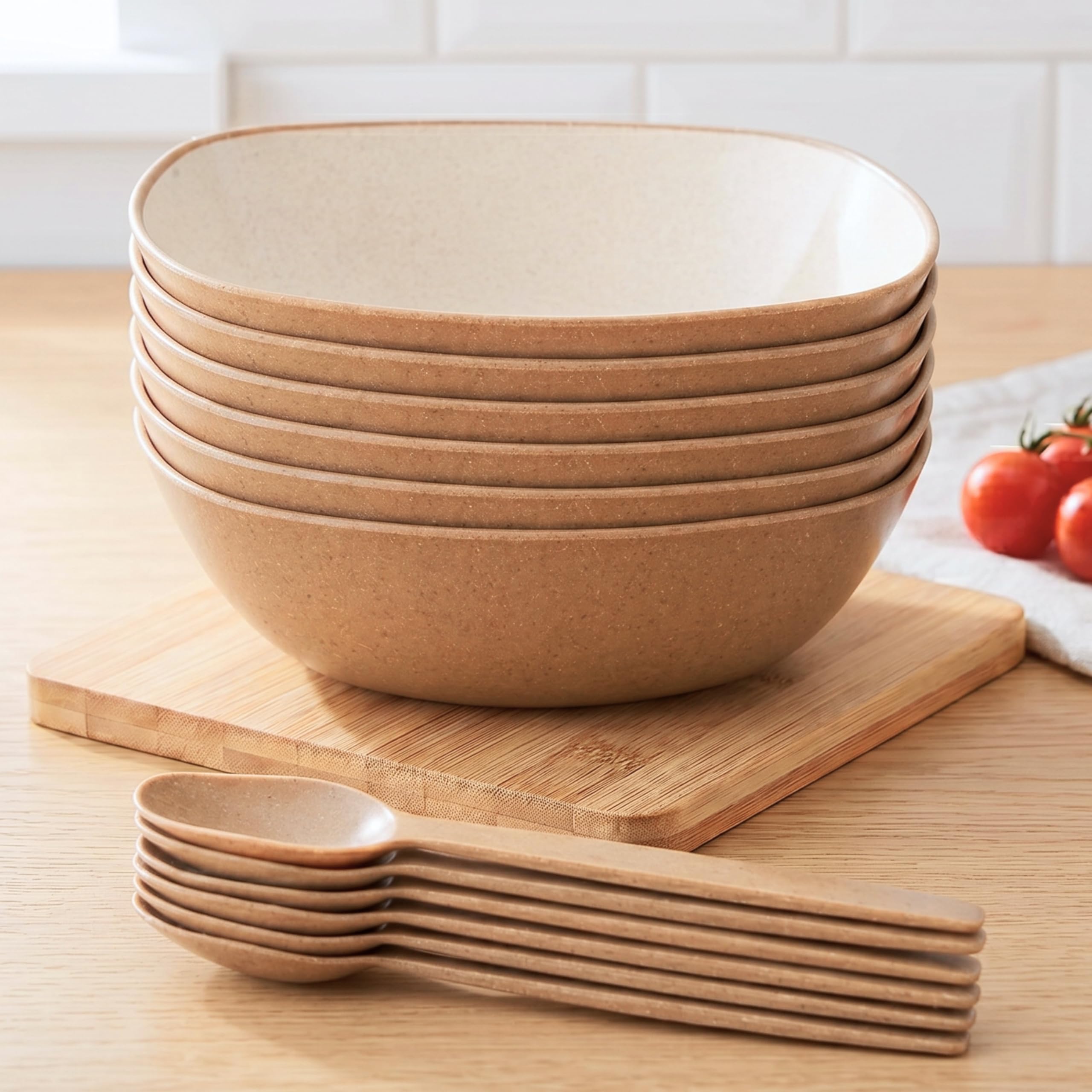 Eha Set of 6 Earth-Friendly Multipurpose Bowls for Kitchen with Spoons | 750 ml | Made with Rice Husk Biocomposite| Microwave Safe Bowl | for Hot & Cold Serving Bowl Set | Tortilla