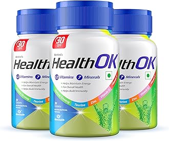 Health Ok Mankind's Multivitamin with Natural Ginseng & Taurine Power; Lemon Flavour, 100% Vegetarian (3 x 30 tablets)