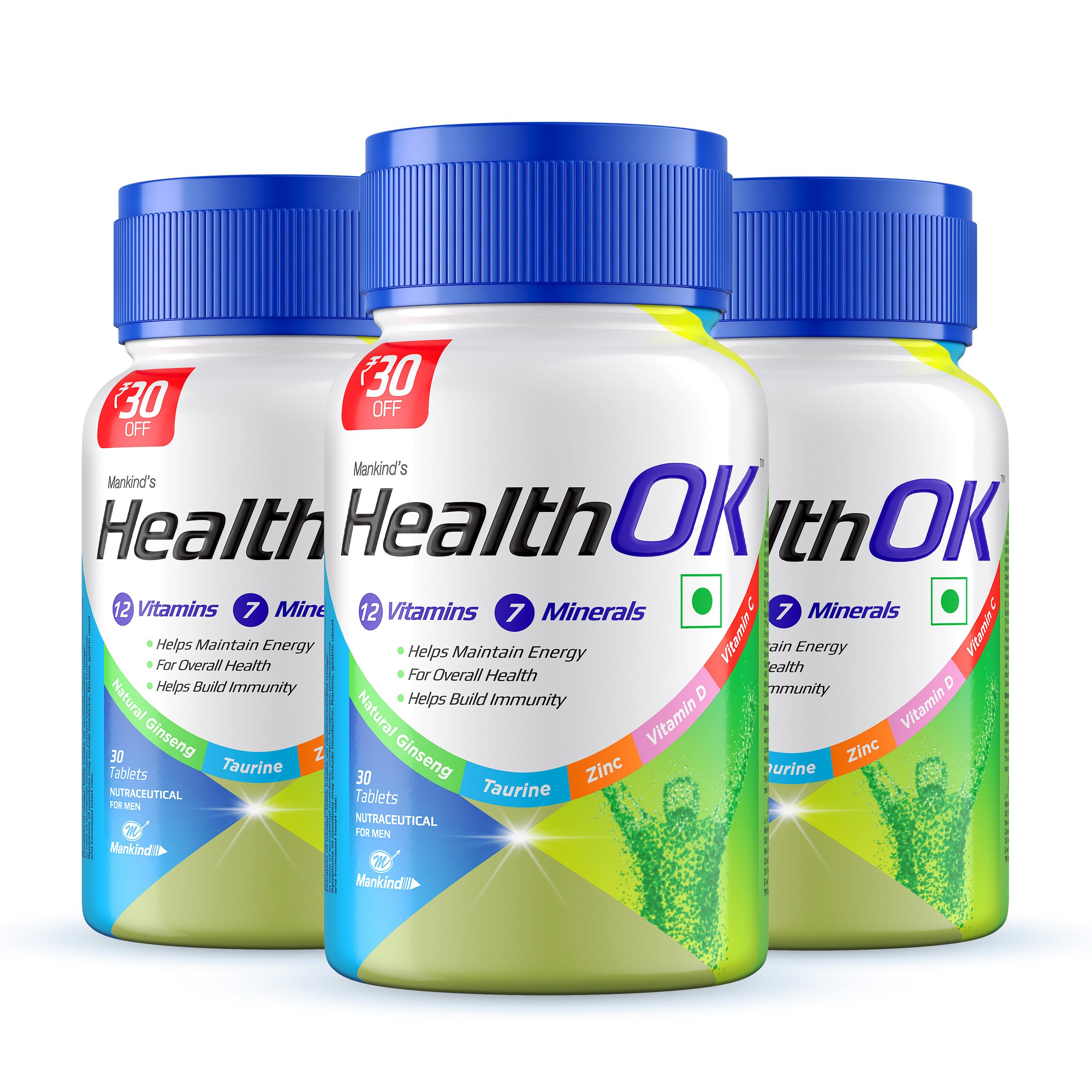 Health Ok Mankind's Multivitamin with Natural Ginseng & Taurine Power; Lemon Flavour, 100% Vegetarian (3 x 30 tablets)