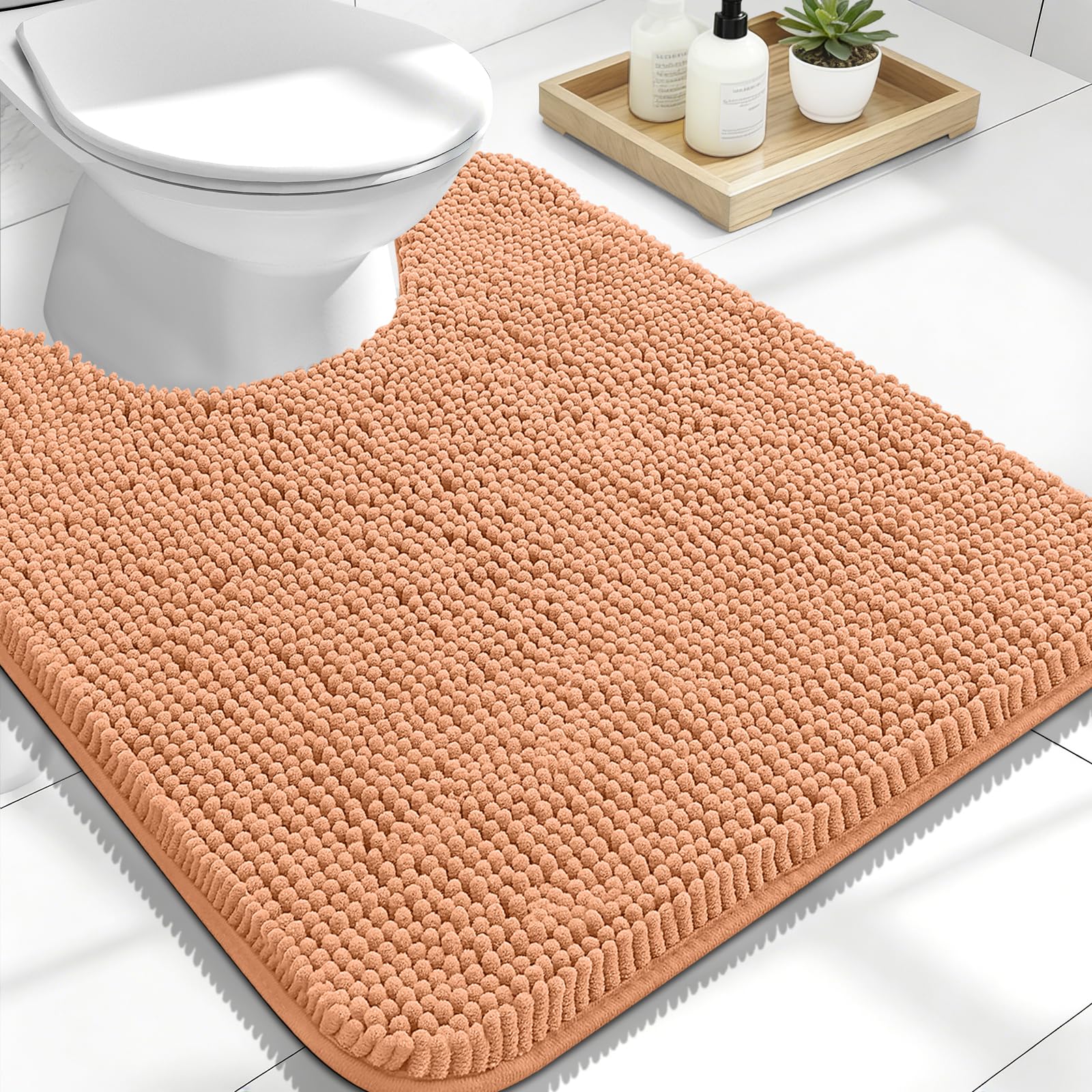 OLANLY Toilet Rugs U-Shaped 24x20, Soft Absorbent Chenille Contour Rugs | Peach, Quick-Drying Rubber Backing, Machine Washable Non-Slip Shaggy Bathroom Mat for Toilet, Home Decor Accessories