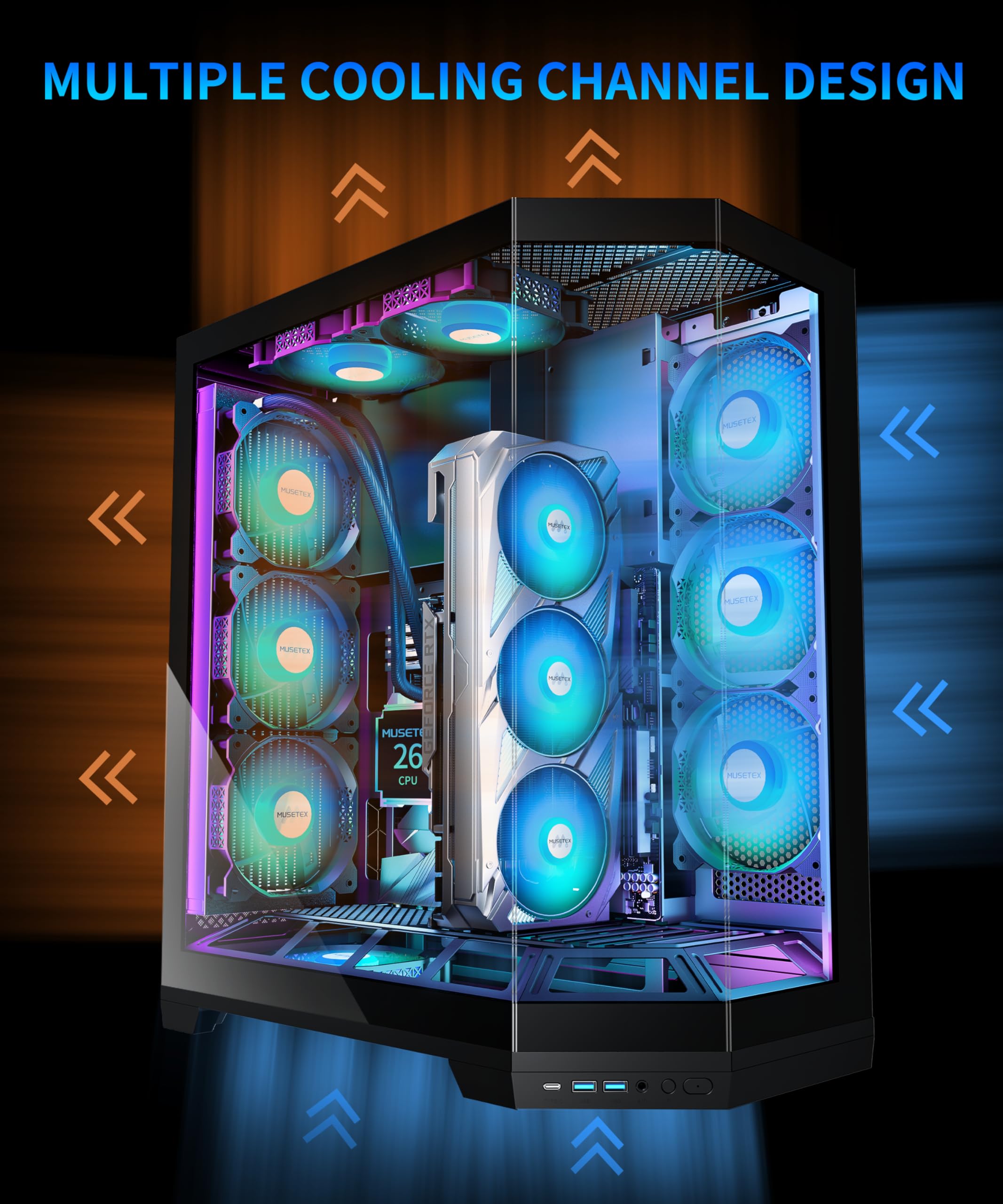MUSETEX Torre Media ATX para PC Gaming, con Montaje Vertical para GPU, 5 Ventiladores ARGB PWM Preinstalados, Soporte para Radiador de 360 mm, Negro (GR3)