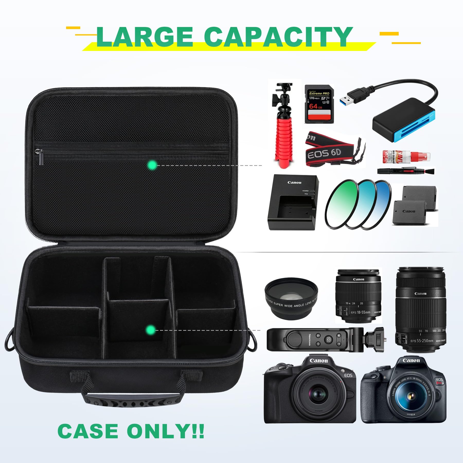 BOVKE Trasporto Custodia per Canon EOS R50/R100/4000D/2000D/250D/R10/R7/Rebel T7, Custodia per Sony Alpha 7 III/A7R IV, NiKon D3500/D7500, Spazio per Obiettivo, Trapalla con 5 Divisori, Nero