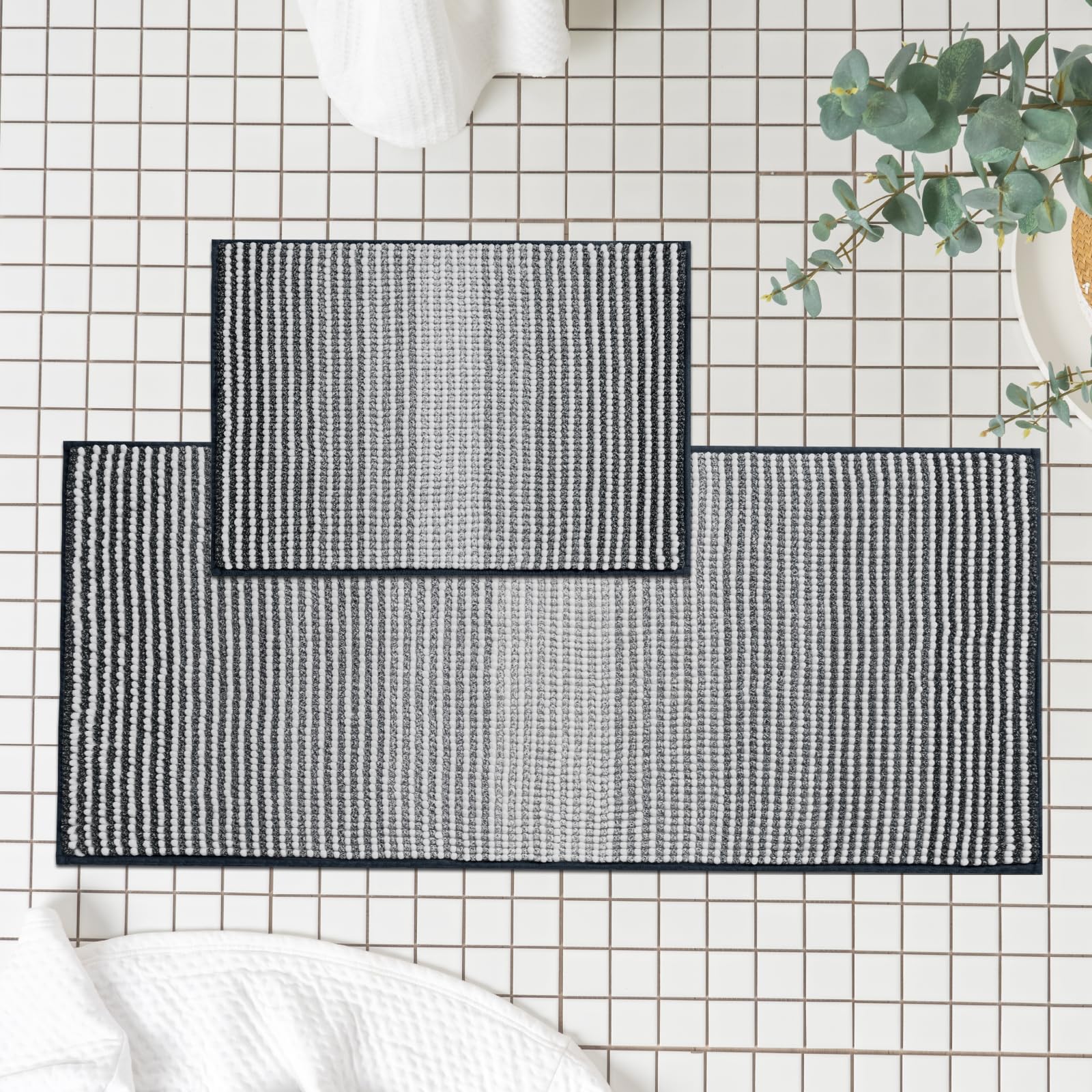FRESHMINT Ombre Chenille Bathroom Rugs Sets 2 Piece, Non-Slip Bath Mats Set for Bathroom Floor, Large Bath Rugs Set of 2, Absorbent & Washable Soft Room Shower Mat (17"x24"+20"x47", Black)