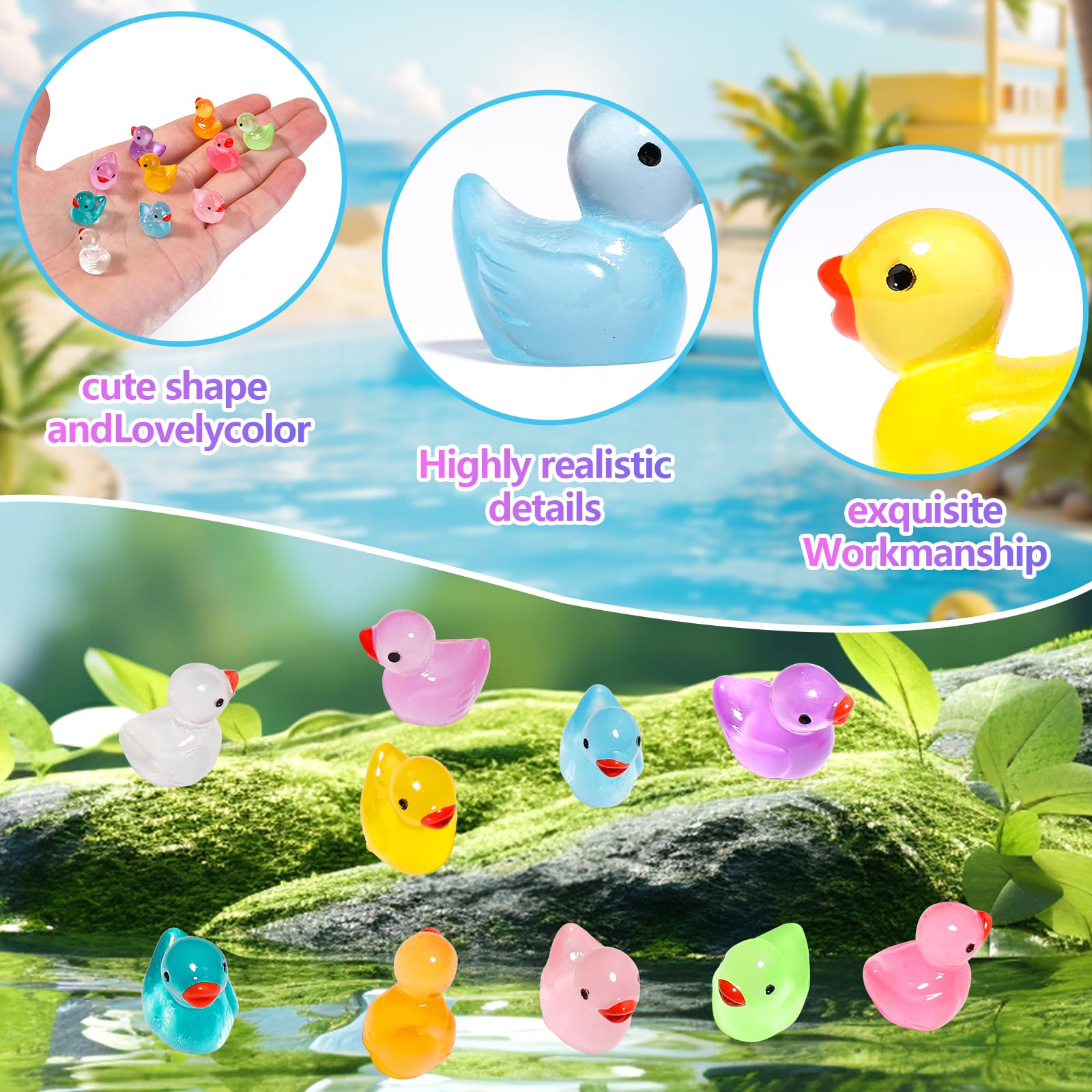 WIURGOHA 220PCS Mini Tiny Resin Ducks Little Miniature Plastic Small Ducks Bulk Glow in The Dark Figures for Dollhouse Decor Accessories Garden Micro Landscape Aquarium Potted Tiny Homes (10 Colors) - Image 2