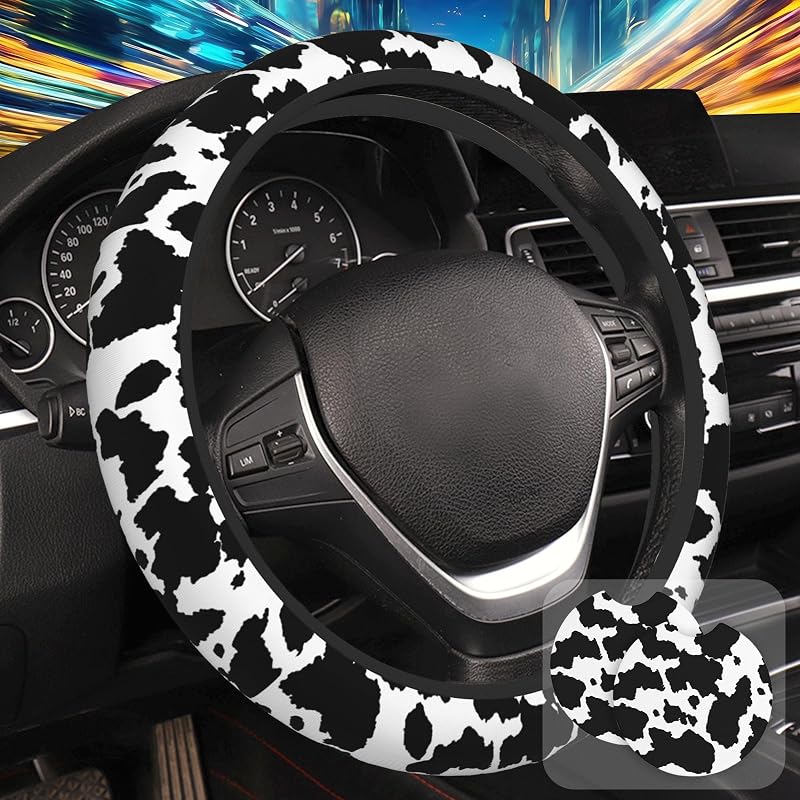 Capa para Volante com Estampa de Pelo de Vaca Preto e Branco em Neoprene, para Volantes de 38,1 cm, com 2 Bases para Porta-Copos Mutziby