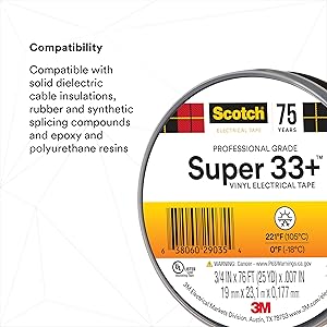 3M Scotch Super 33+ Electrical Tape - 3/4 in x 76 ft, Premium Grade All-Weather Vinyl, Resistant to Abrasion, Moisture, Corrosion, Alkalies - Long Roll, 1 in Core, Black, 10 Roll Pack