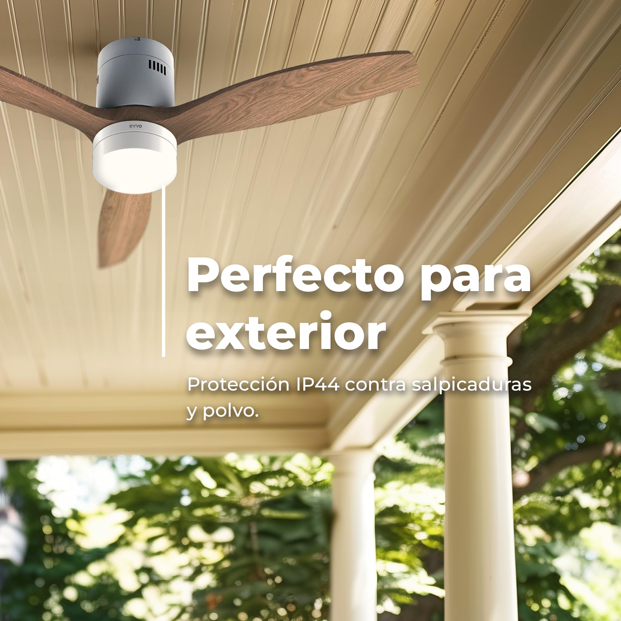 EVVO Ventilador de Techo con Luz LED y WIFI, Silencioso, Ø132cm, 3 Aspas, Motor DC 40W, 6 Velocidades, Temporizador hasta 4h, Función Invierno-Verano, Protección IP44 (Modelo: V551 Acabado Madera)
