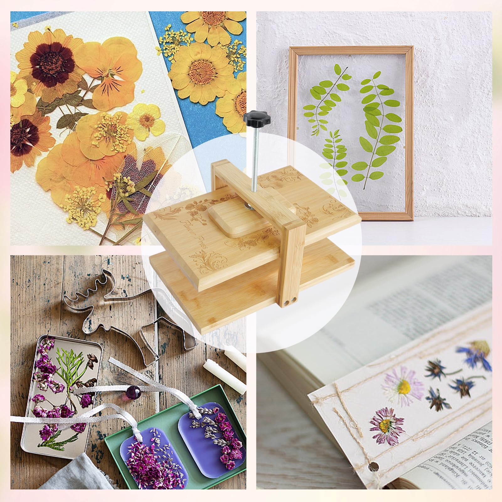 Whemyreat Set per rilegatura a libro, pressa per fiori, in legno, per fai da te, set di conservazione per piante floreali pressate, pressa di carta, set con 6 pezzi di carta assorbente, 1 pinzetta