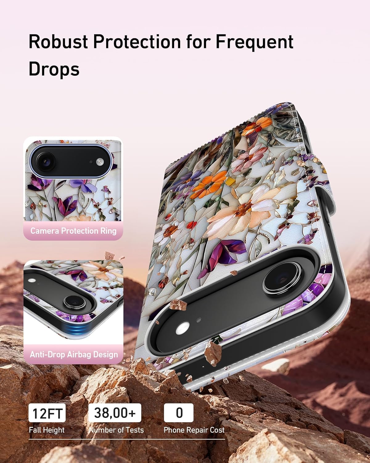 DEENAKIN for iPhone Air Wallet Case with Card Holder + Cash Clip, RFID-Blocking, UV-Printed Artwork, Magnetic Closure with Kickstand, Protective Phone Cover for iPhone 17 Air - Marbled Floral Veins - Image 5