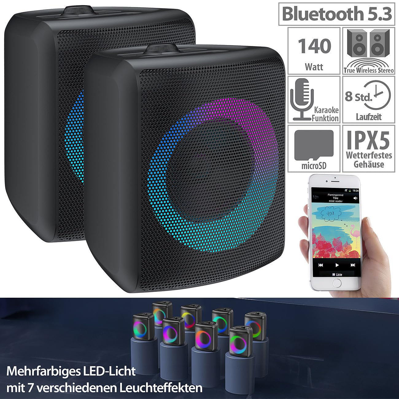 auvisio Boxen, Bluetooth: 2er-Set Outdoor-PA-Partyanlagen & -Bluetooth-Boomboxen, Lichteffekte (PA Anlage, Party-Lautsprecher, DJ)