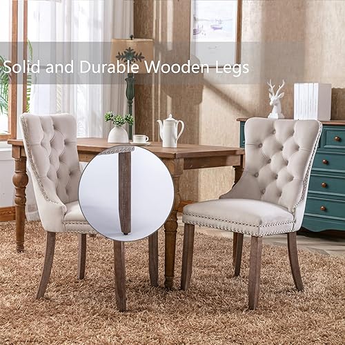 Miniatura 8 de Juego de 2 sillas de comedor de terciopelo beige, sillas de comedor tapizadas con anillo trasero y patas de madera maciza, sillas de cocina con