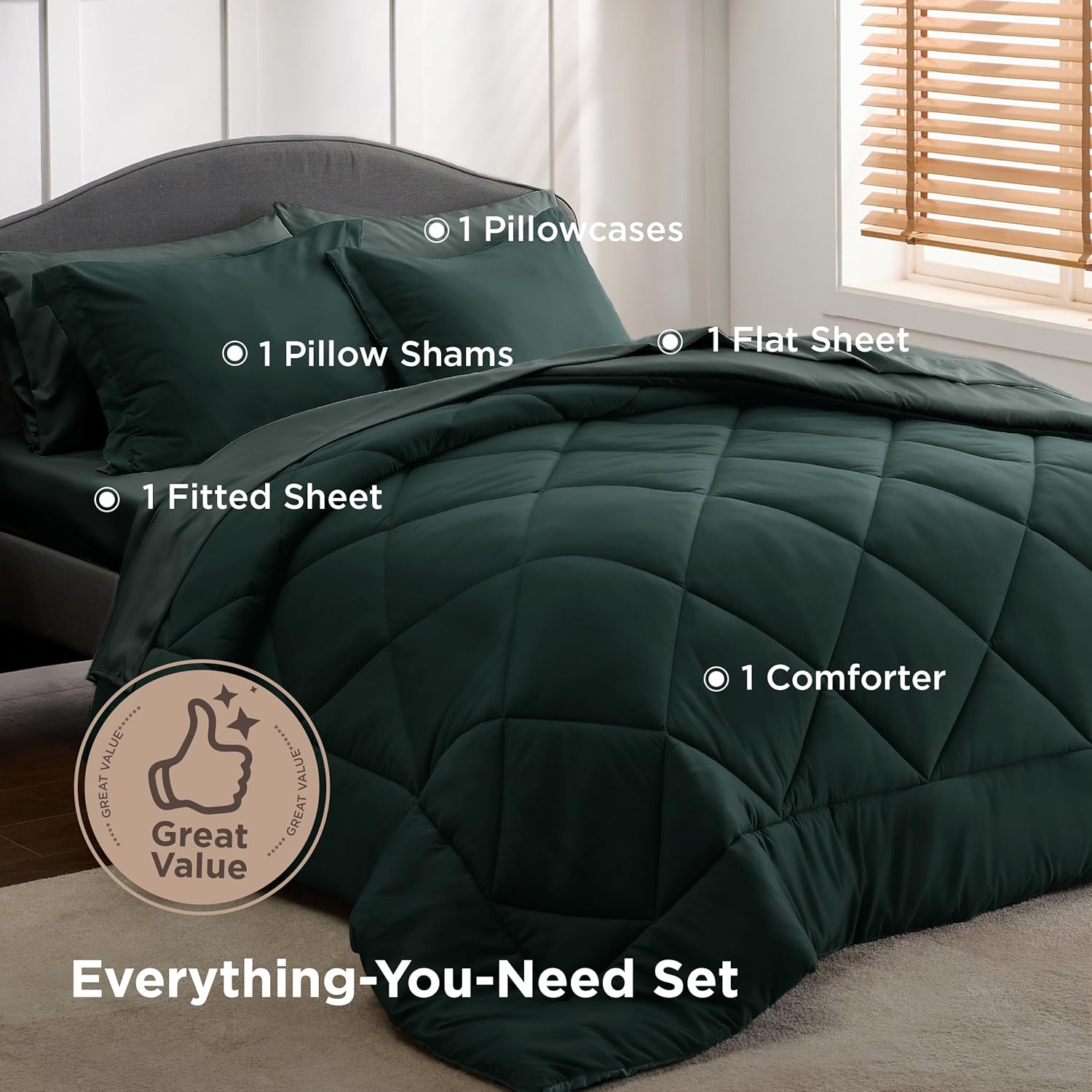 Bedsure Twin Comforter Set - 5 Pieces Reversible Emerald Green Bedding, Twin Size Bed Set for All Seasons, Bed in a Bag with Down Alternative Comforter, Sheets, Pillowcase & Sham - Image 3