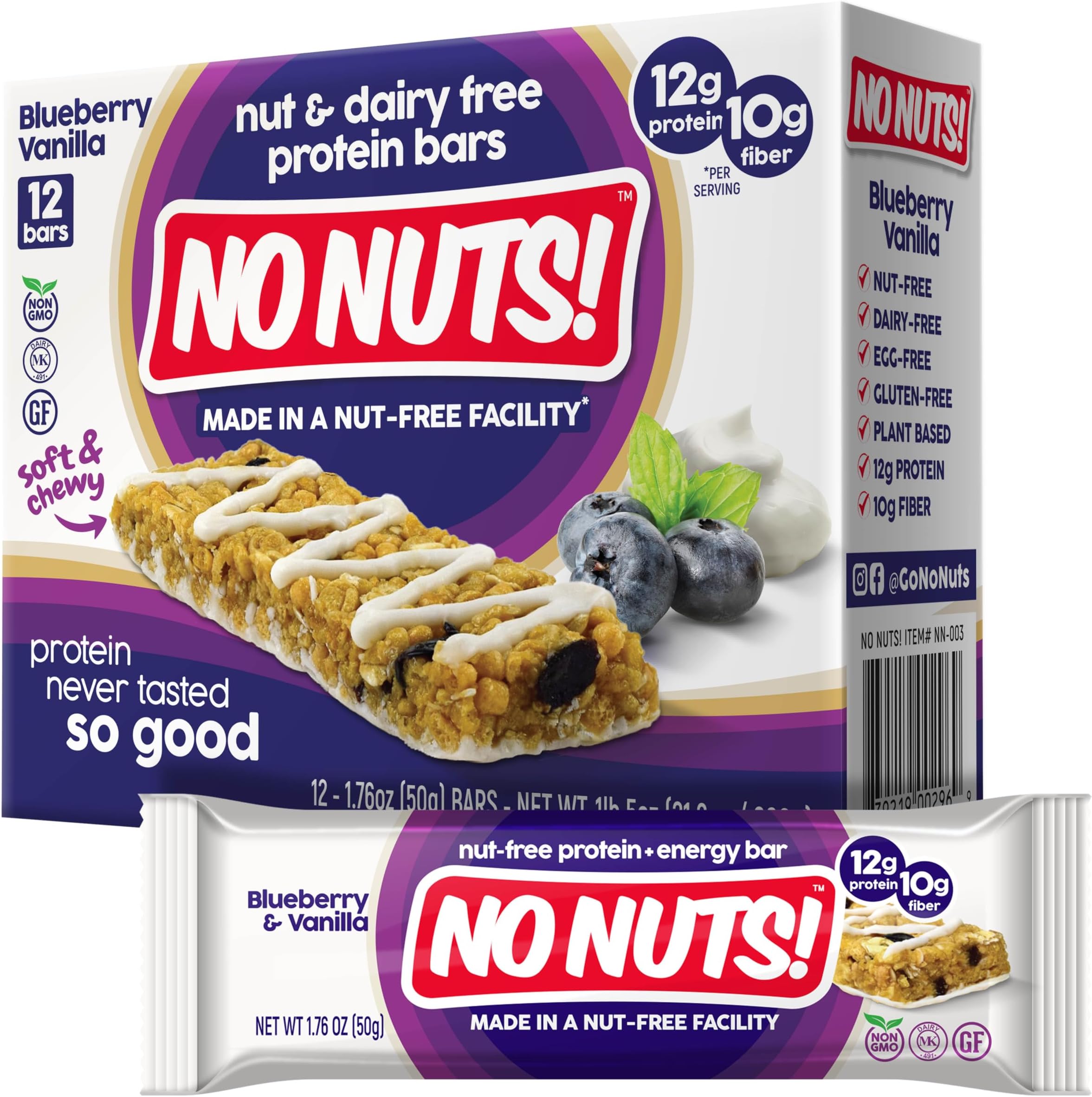 No Nuts! 100% Nut Free Dairy Free Vegan Protein Bars, Blueberry & Vanilla, Or...