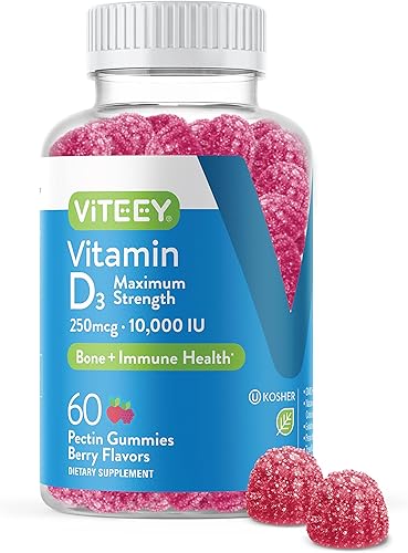 Viteey Gomitas de vitamina D3 para adultos y adolescentes, 10,000 UI, 250 mcg, máxima fuerza, salud de las articulaciones y los músculos, refuerzo