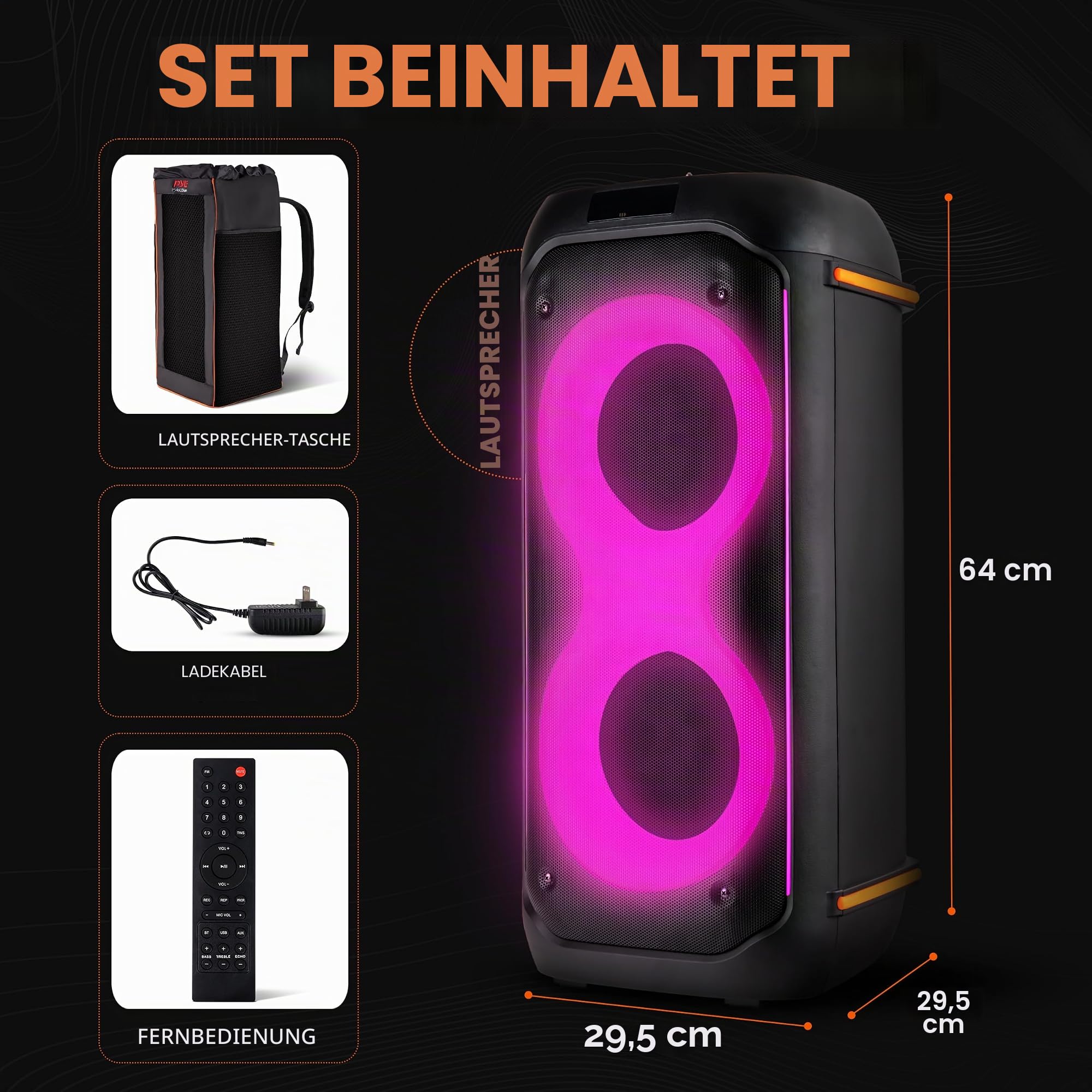 Pyle Bluetooth-Party-Lautsprecher 160W, Karaoke-System mit 2X 6,5", Mikrofon, Akku, USB/SD/FM/TWS, Partylichter & Tasche, 30x30x67 cm