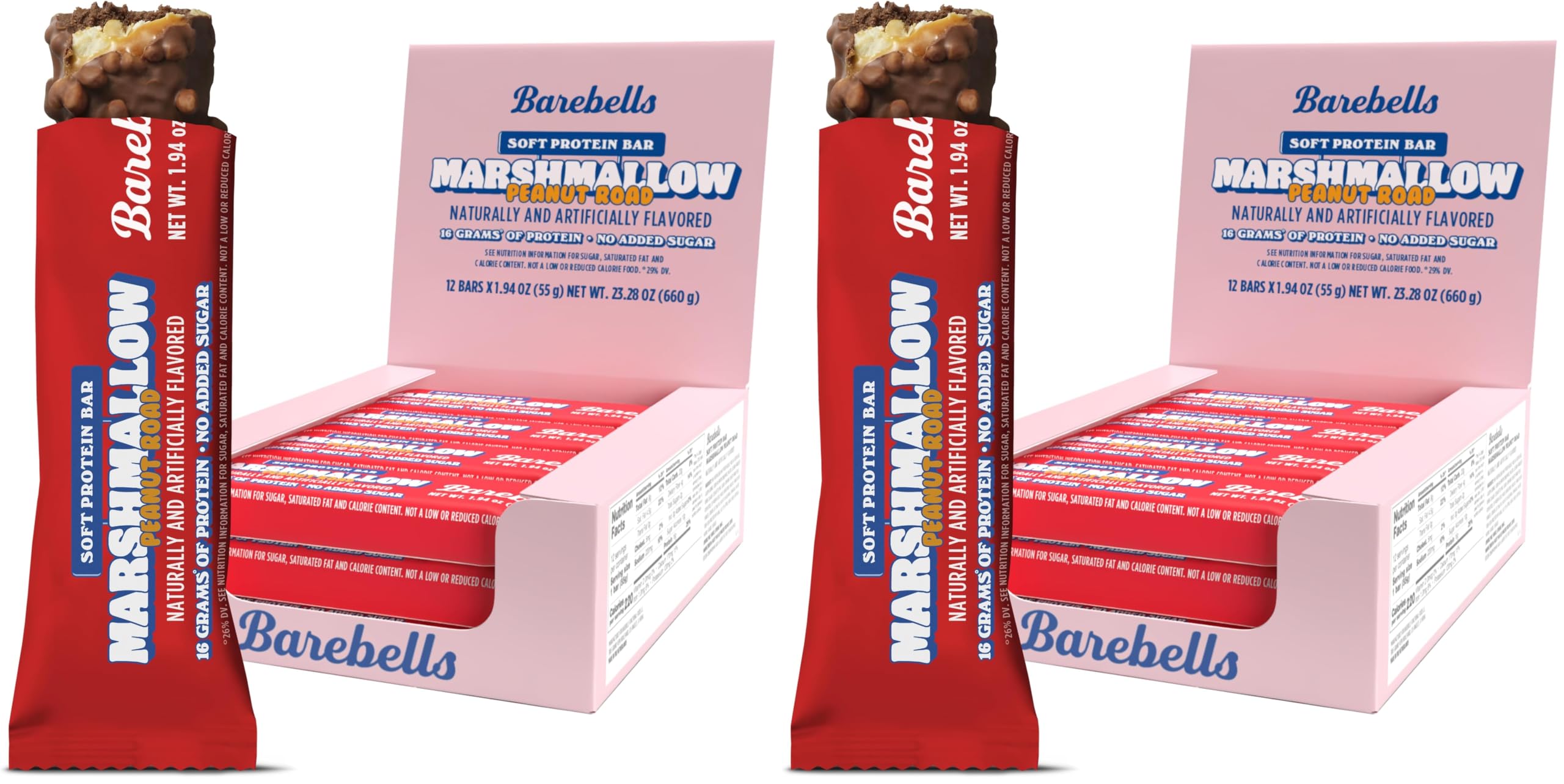 Barebells Soft Protein Bars Marshmallow Peanut Road - 12 Count, 1.9oz Bars - Nutritional Snacks with 16g of High Protein - Fluffy Chocolate Treat with 2g of Total Sugars - Breakfast Bars (Pack of 2) Marshmallow Peanut 12 Count (Pack of 2)