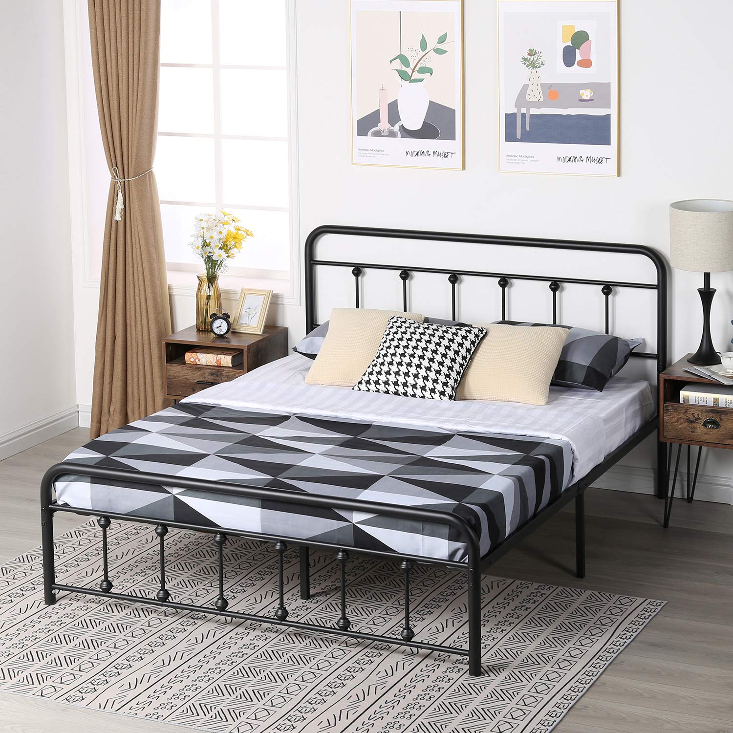 VECELO Full Size Victorian Style Metal Bed Frame with Headboard Classic Metal Platform Bed Frame Mattress Foundation with Victorian Style Footboard/Under Bed Storage/No Box Dark Black