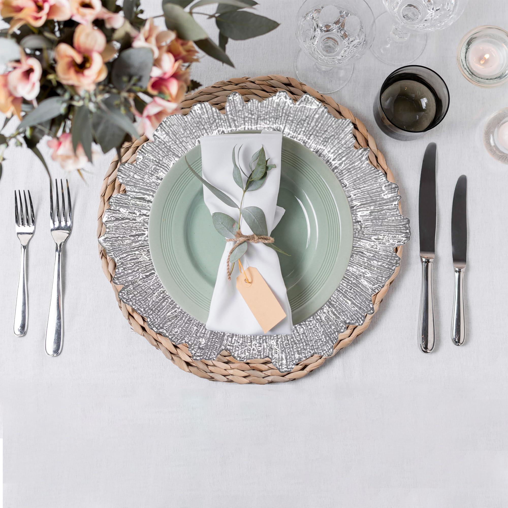 Platos de carga plateados de diseño vintage – 33 cm elegantes platos de polipropileno para bodas, fiestas, aniversarios, cumpleaños, vajilla, eventos de catering y eventos especiales – Juego de 6