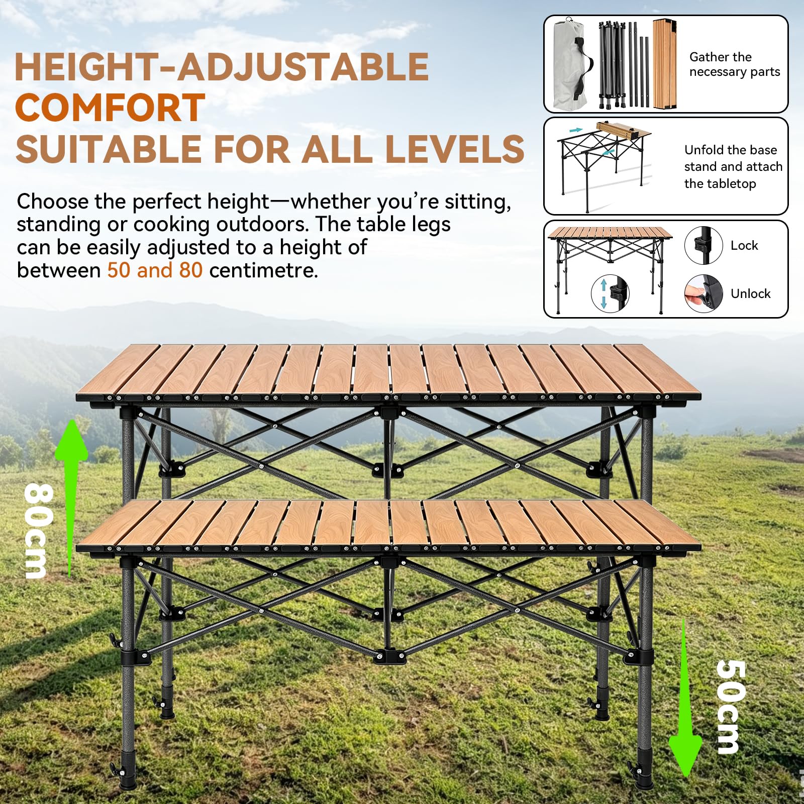 Tavolo da Campeggio Pieghevole 95 x 55 cm,Tavolino Portatile Pieghevole Altezza Regolabile 50-80 cm,Piano Arrotolabile,Peso Massimo 60 kg da Giardino Picnic Barbecue Pesca,e Outdoor