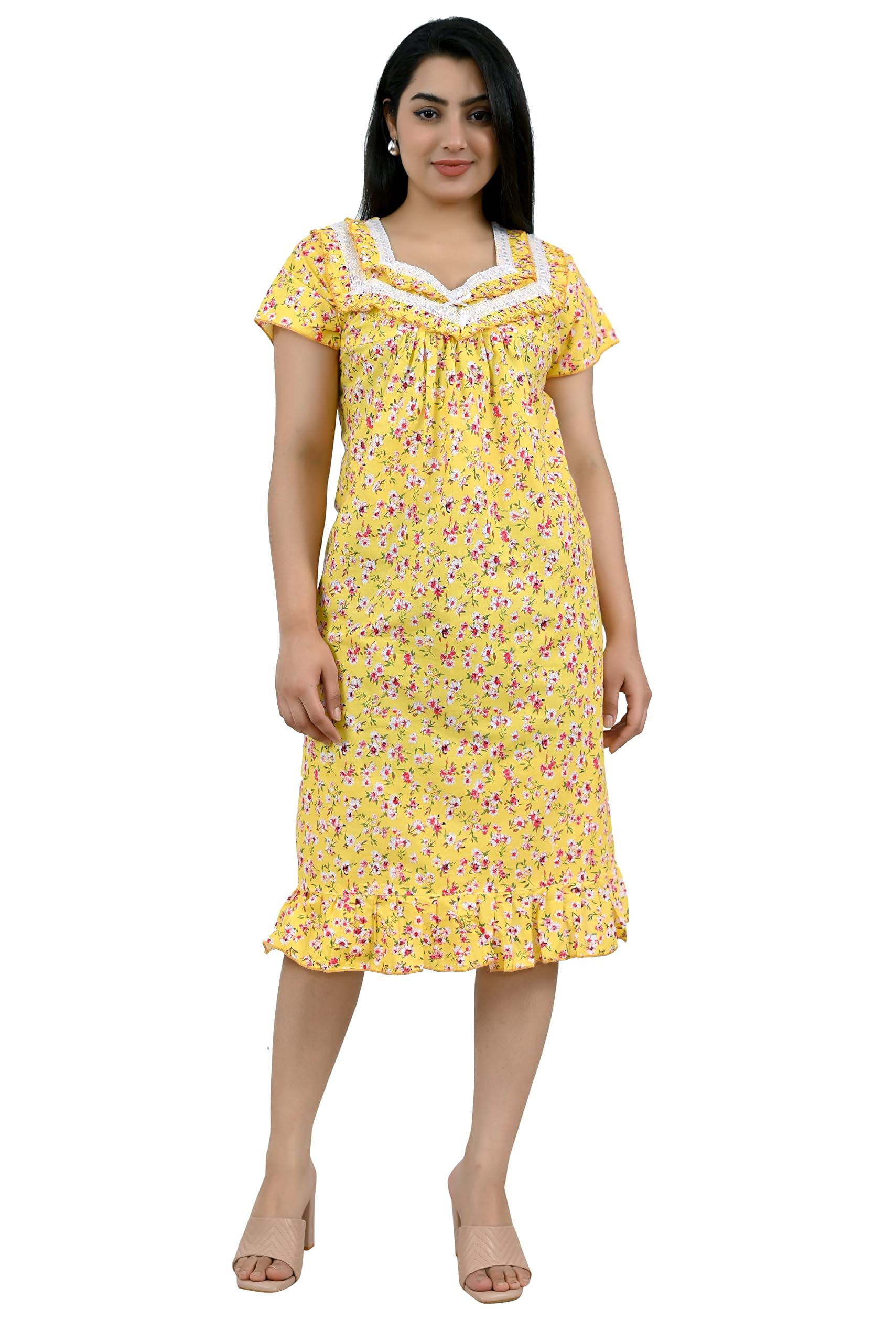 Creation Cotton Short Length Nighty, Night Dress for Women Free Size Short Sleevs Maxi for Ladies-image-40