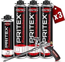 PRITEX – Bauschaum Set 3 x 750 ml Pistolenschaum inkl. Pistolenreiniger 500 ml und Schaumpistole – Montageschaum zum Verfüllen, Dämmen & Abdichten – PU-Schaum mit hervorragender Schall- & Wärmedämmung