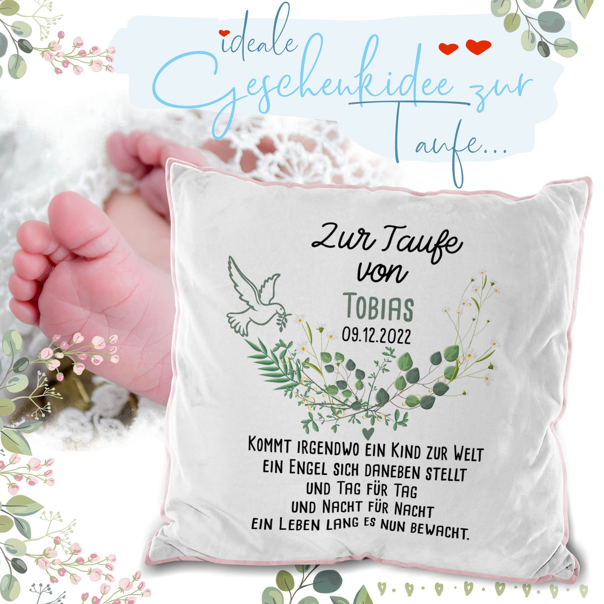 Print Royal PR Flauschiges Kissen zur Taufe mit Name & Datum - Kommt EIN Kind zur Welt - Geschenke zur Taufe, personalisierte Taufgeschenke Patenkind | inkl. Kissenfüllung, Rückseite Rosa, 40 x 40 cm