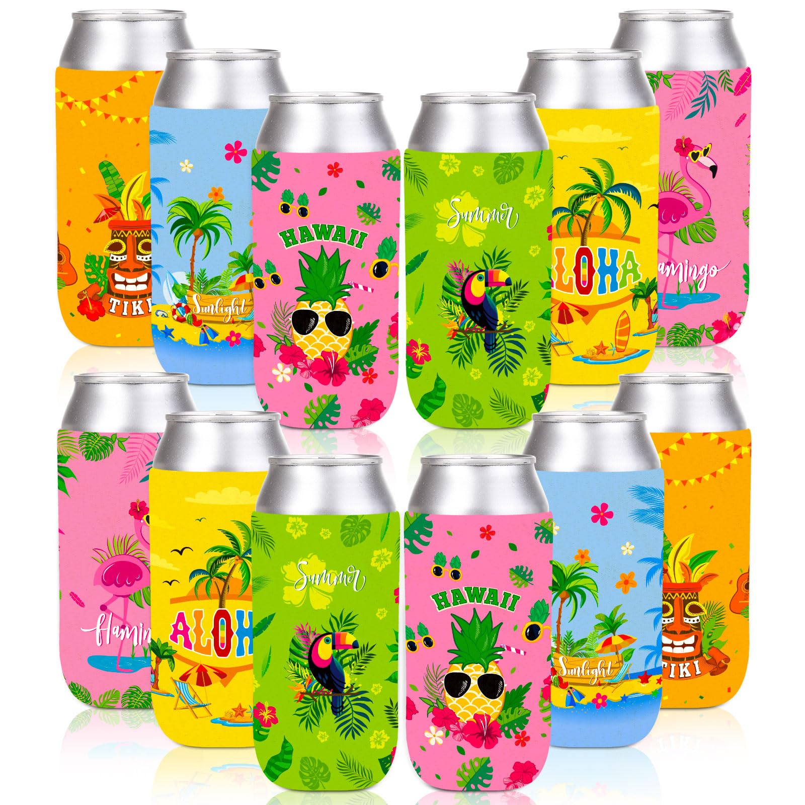 Whaline 12Pcs Slim Tropical Hawaii Theme Can Sleeves 12 oz Colorful Summer Can Cover Insulators 6 Designs Flamingo Monstera Leaves Neoprene