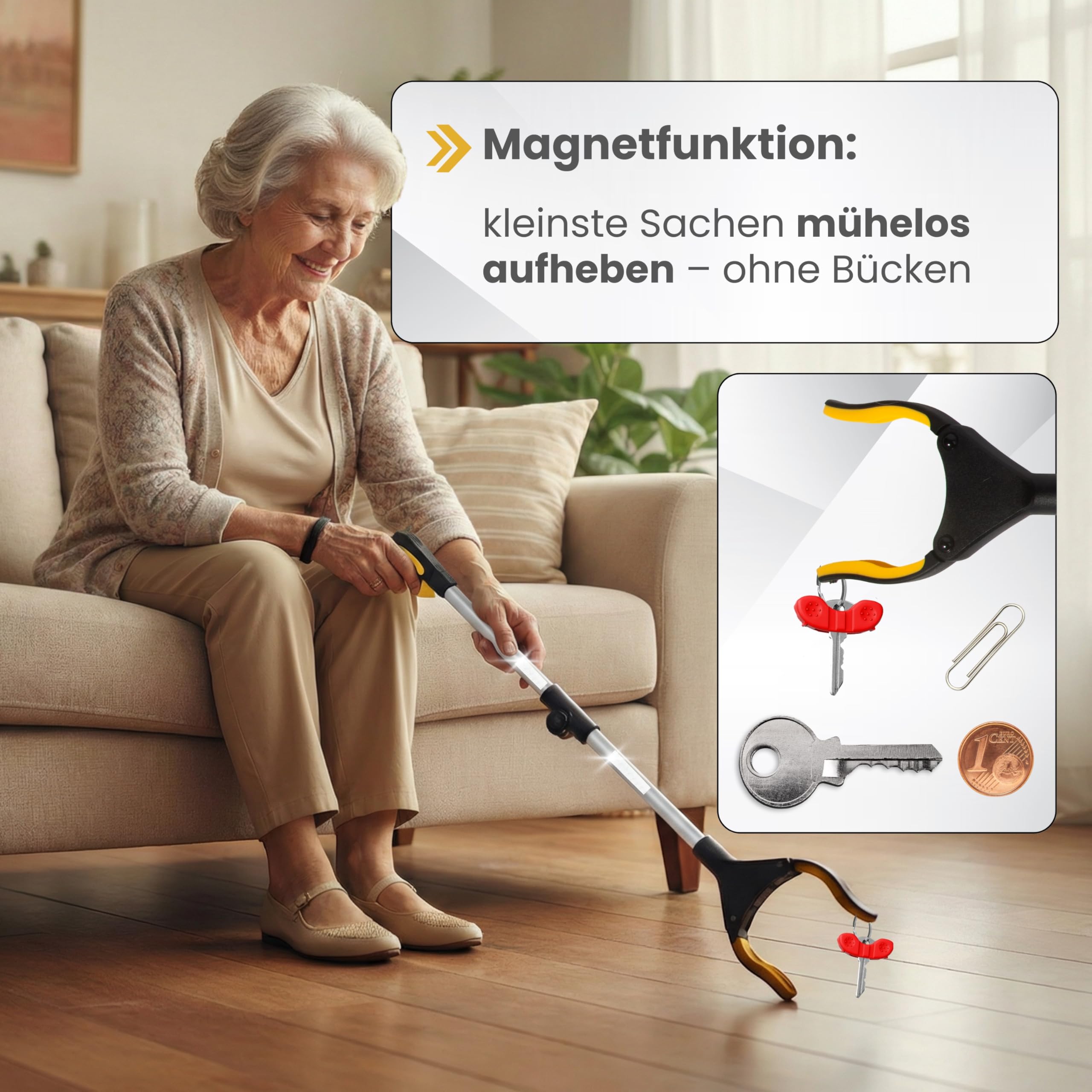 Greifzange für Senioren [80 cm] faltbarer Greifer zum aufheben | Reacher aus Aluminium | Müllzange 360° Drehkopf Magnet | Schuhlöffel lang | Schuhanzieher für Damen Herren | rutschfeste Silikongreifer