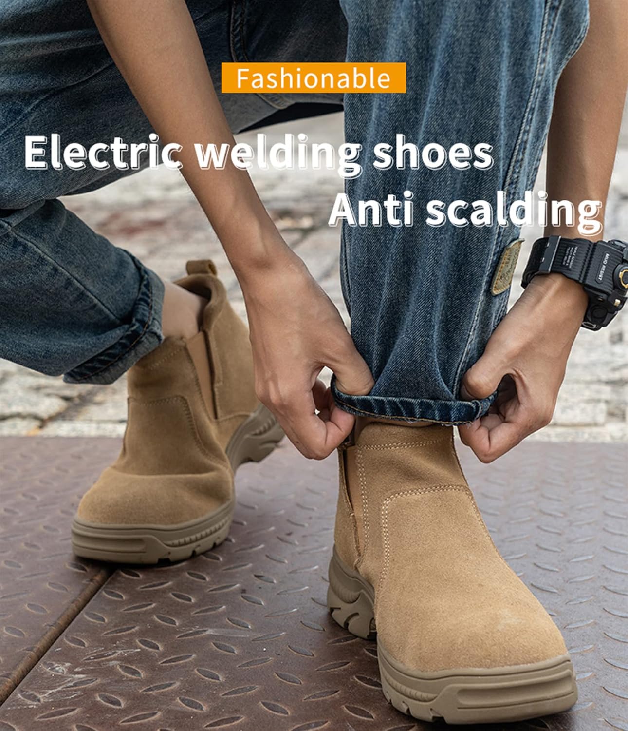 Micoklinlin Steel Toe Shoes for Men Waterproof Welding Shoes Lightweight Suede Leather Safety Shoes Slip-on Casual Work Boots