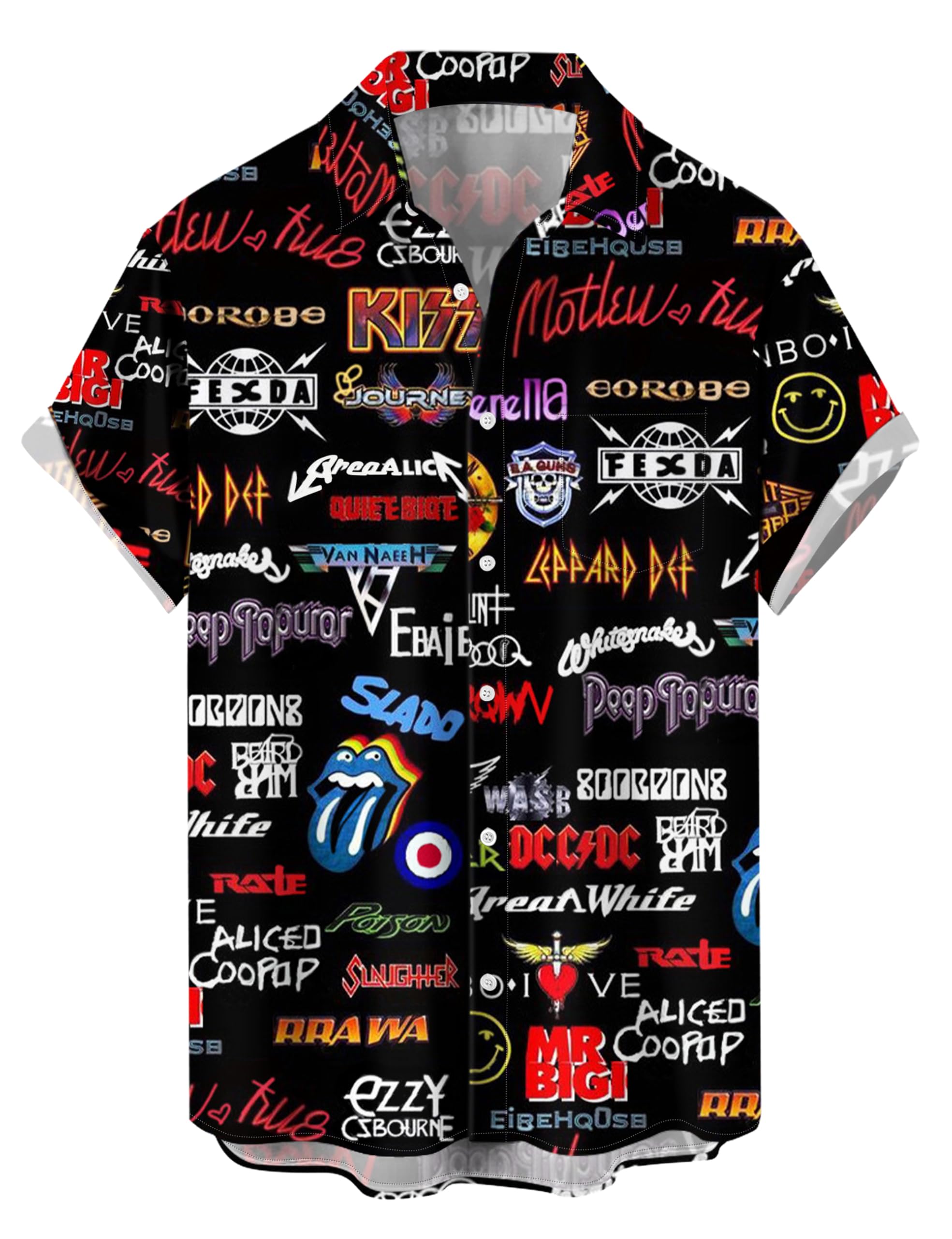 Button Down Shirt Men Rock and Roll Punk Print Pocket Lapel Hawaiian Casual Loose Short Sleeve Shirt-Black-2-XL
