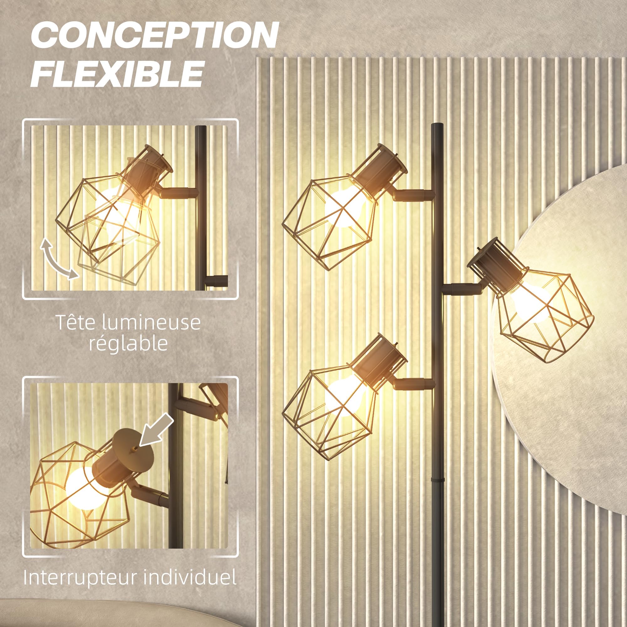 HOMCOM Lampadaire sur Pied Salon 3 Lumières E27 pour Salon Chambre Noir | Lampe sur Pied, Interrupteurs Individuels, Ampoules Non Incluses, Chambre à Coucher