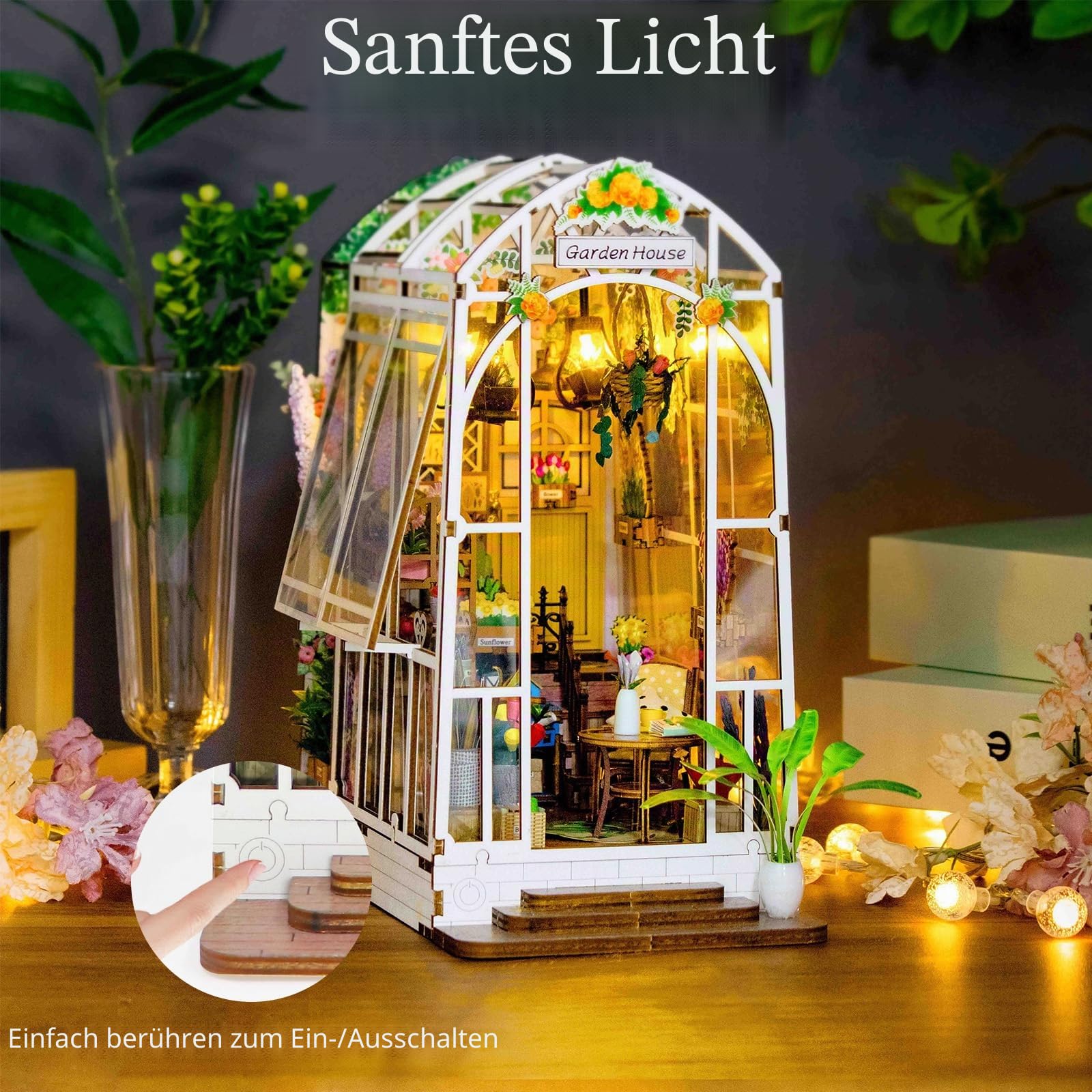 Shrike Book Nook Kit, DIY Puppenhaus, Booknook Kit, Miniatur Haus Selber Bauen Bausatz mit LED-Beleuchtung, 3D Holz Puzzle Buchstütze Bücherregal Einfügen Dekor für Erwachsene (Sunshine Garden House)