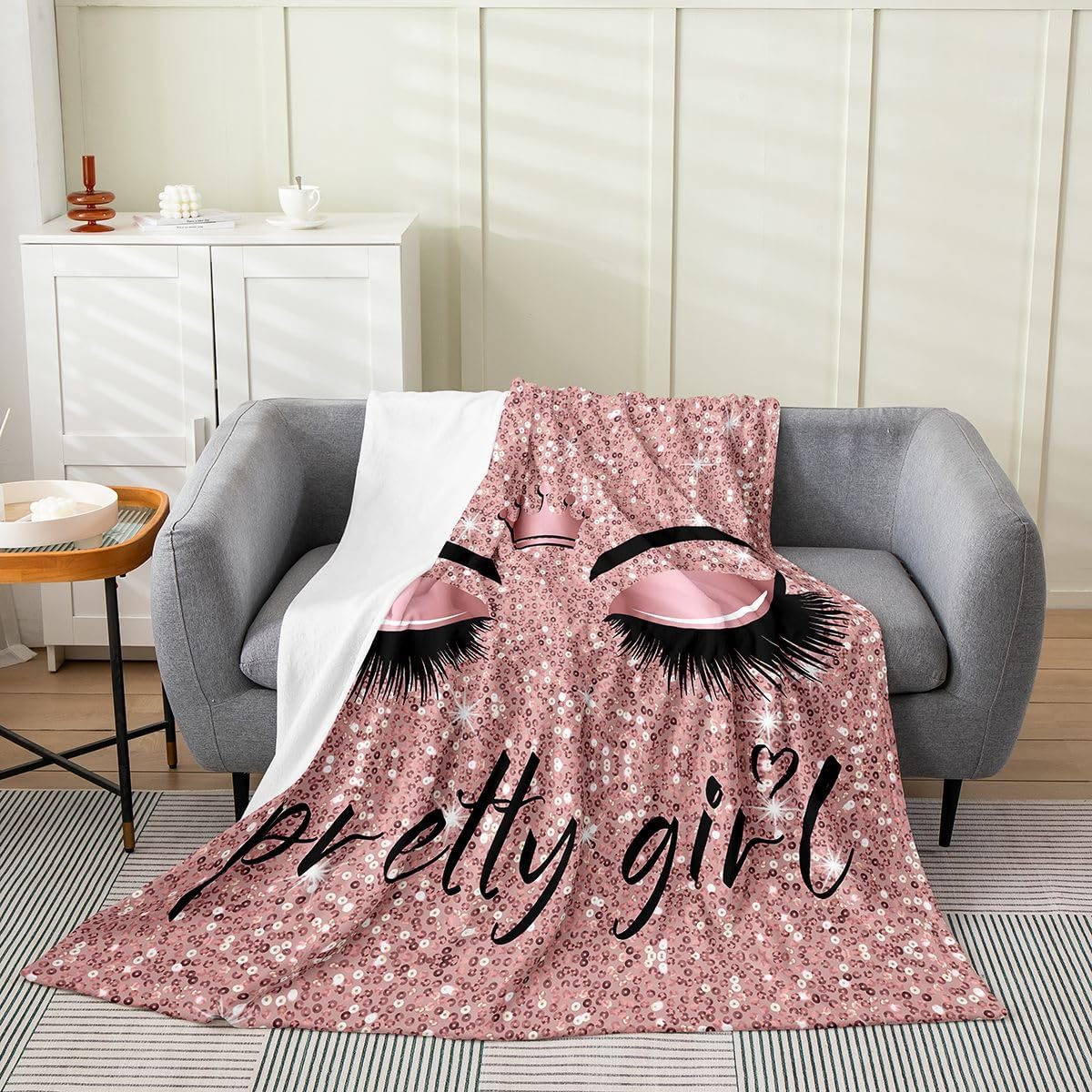 Erosebridal Unicorn Eyelash Throw Blanket for Kids Girls,Pretty Eyelash Sequins Fleece Blanket Queen 90x90 inch,Women Spark Ombre Flannel Blanket,Romantic Pink Crown Bed Blanket Home Room Decor