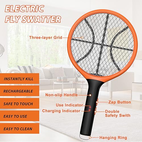Miniatura 2 de LUOJIBIE Matamoscas eléctrico, raqueta matamoscas de mano con anillo para colgar para el hogar, interior y exterior, tamaño grande
