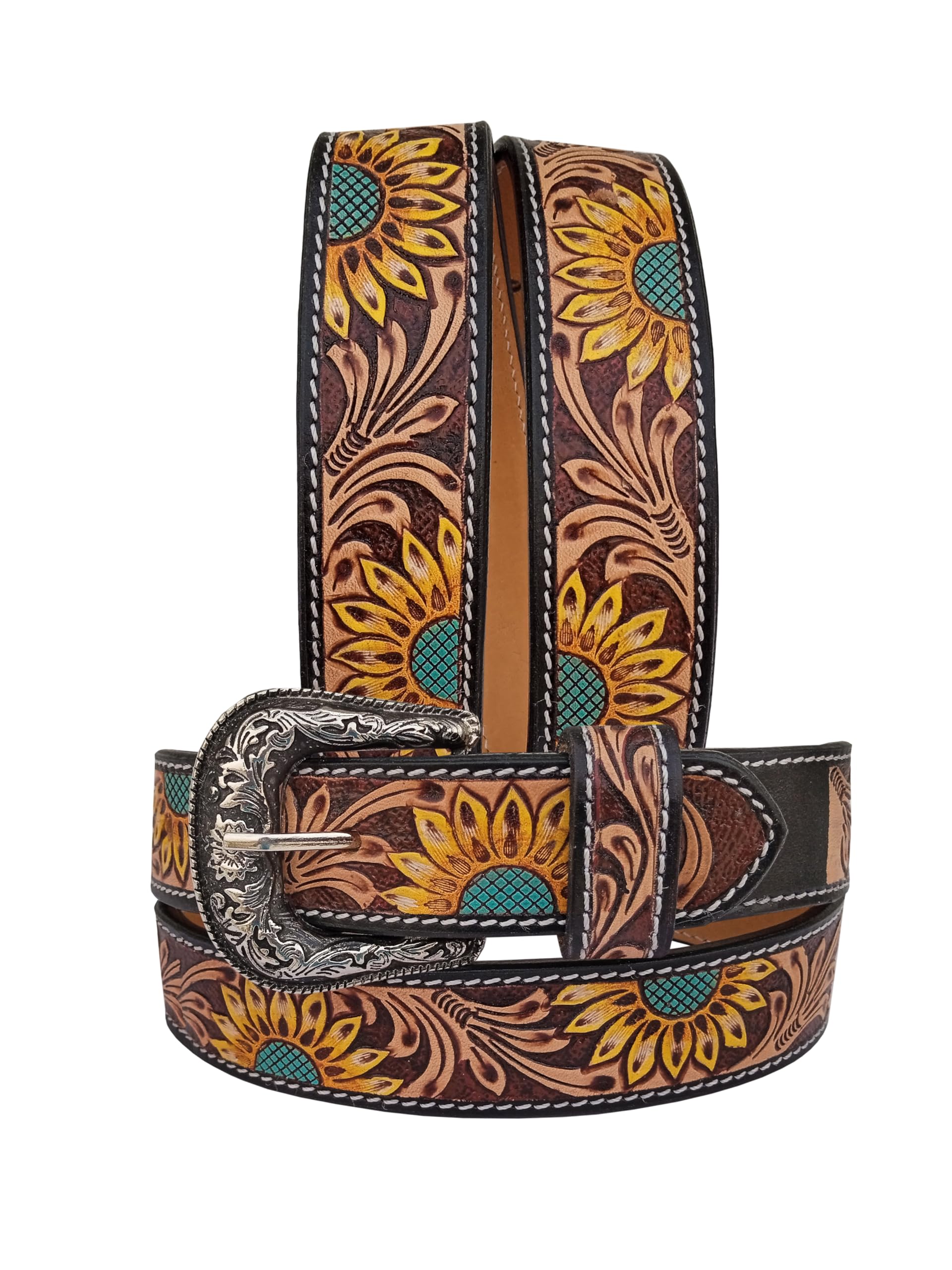 Affilare Handcrafted Western Leather Belt Sunflower Tooled Floral Design Removeable Buckle – Women 30IS021