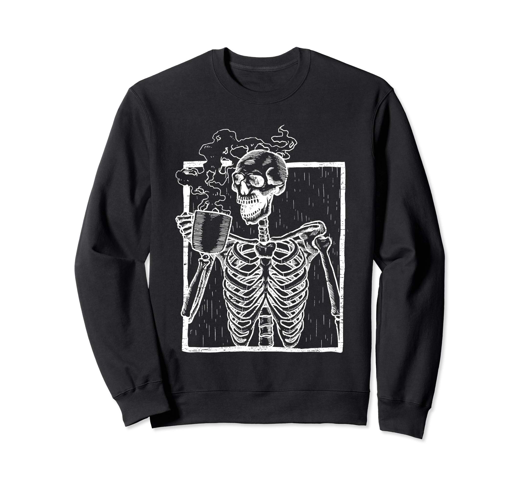 Vintage Coffee Horror Ideas and Scary DesignsDistressed Skeleton Vintage Smiling Skull drinking Coffee SweatshirtOEKO-TEX STANDARD 100