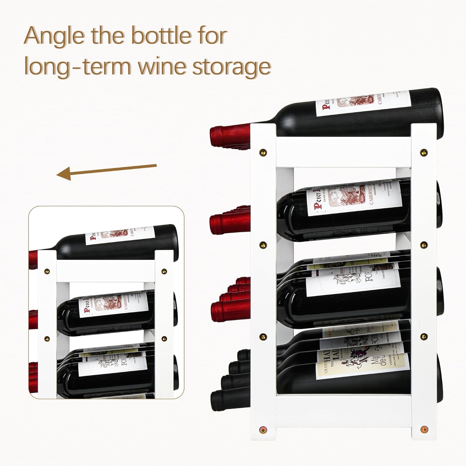 VASMIA Wine Rack, 4-Tier Bamboo Wine Racks Countertop,Sturdy and Durable Wine Storage Cabinet Shelf,16 Bottles Wine Holder for Kitchen Pantry, White