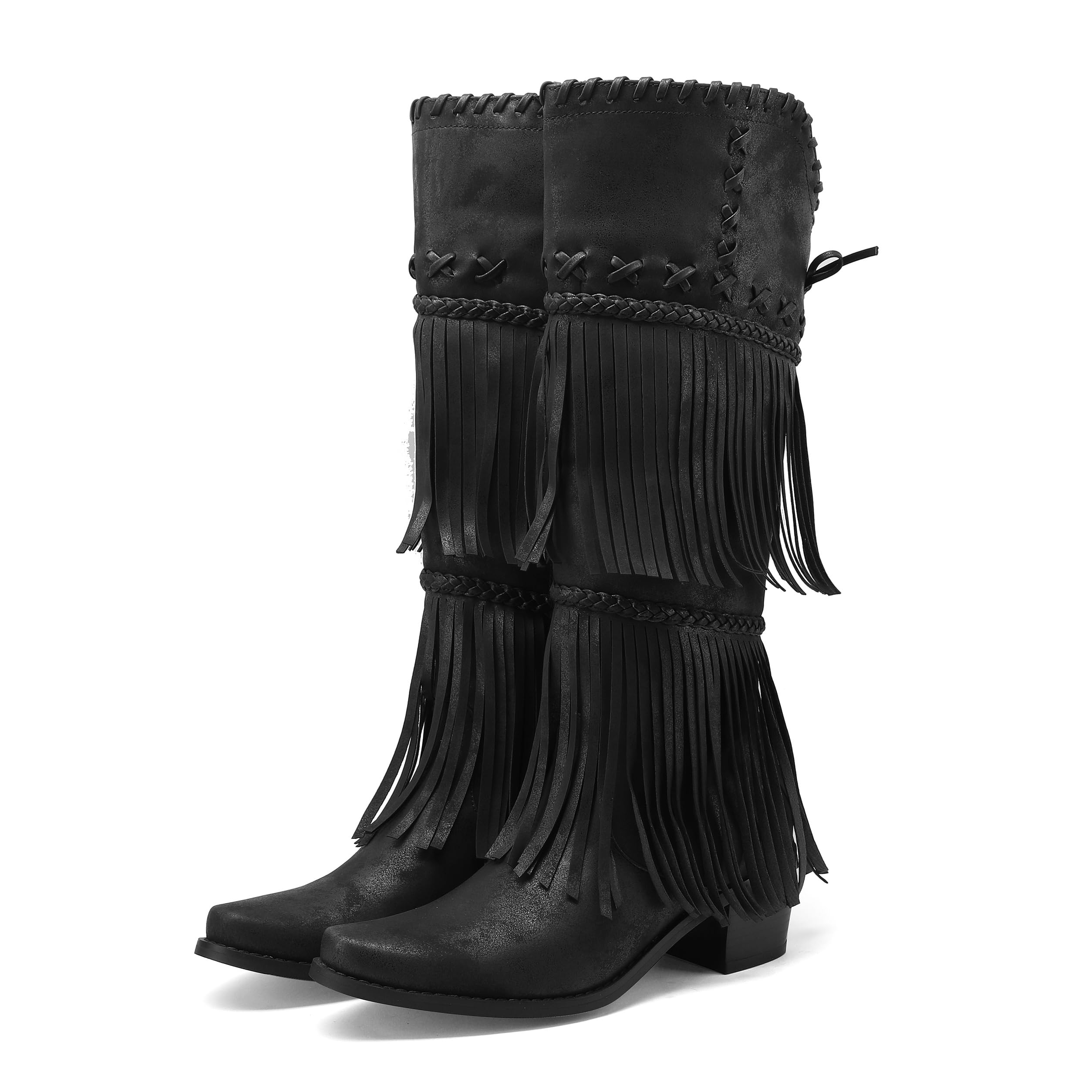 BEAUPAS Womens Western Fringe Boots Tall Boot Chunky Heel Knee High Boots