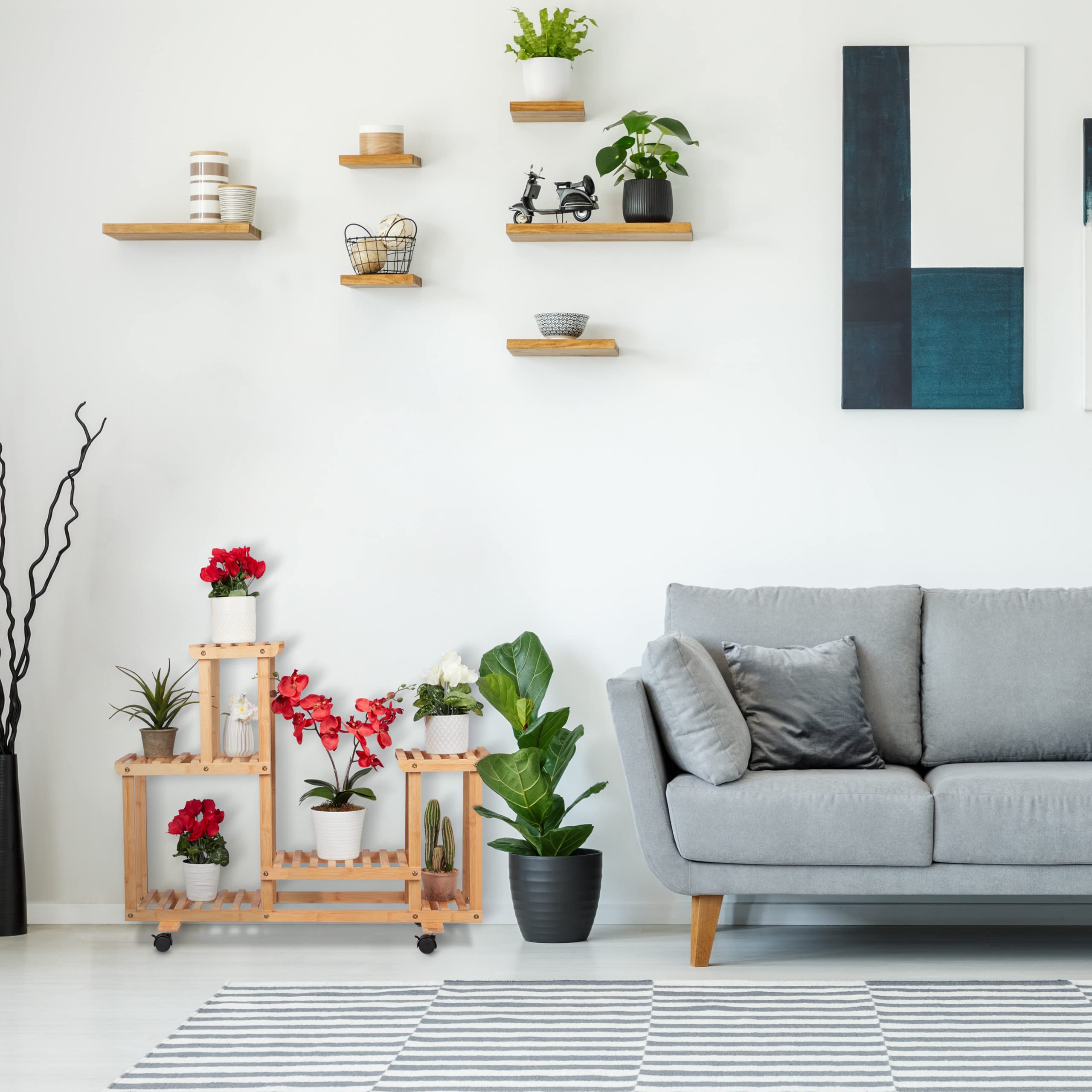 Relaxdays Étagère à Plantes, avec 6 emplacements, en Bambou, roulettes, HLP : env. 79 x 95 x 36 cm, intérieur, Nature