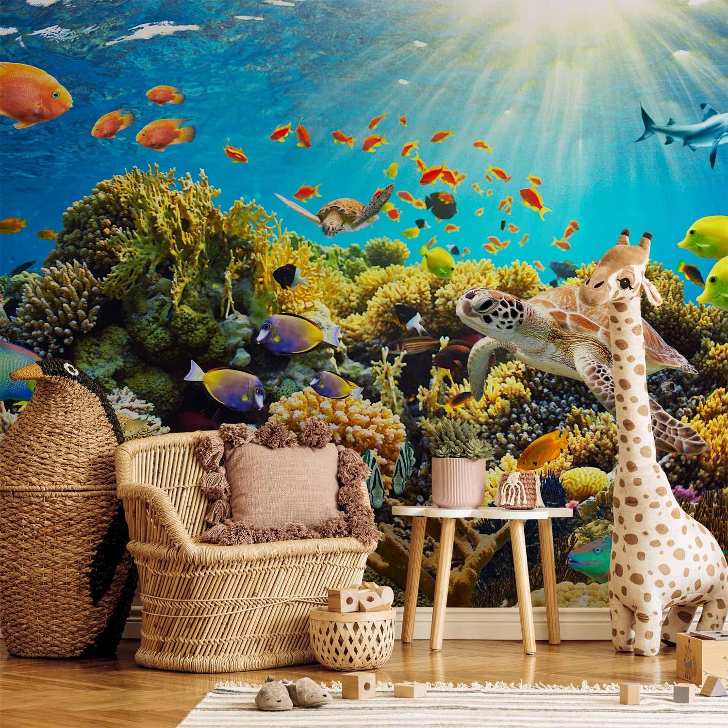 artgeist Wall Mural Underwater World 154x110 in - Peel and Stick Self-Adhesive Wallpaper Removable Large Sticker Foil Wall Decor Print Picture Image Design Island Fish Turtle Sea Ocean b-A-0002-a-a