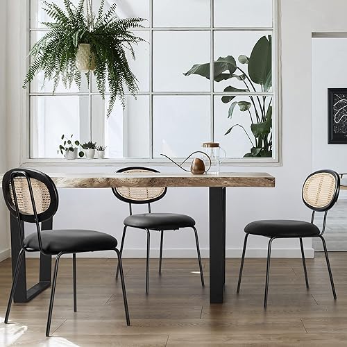 Miniatura 9 de Juego de 2 sillas de comedor con respaldo de ratán moderno de mediados de siglo, sillas laterales de cocina tapizadas de cuero negro con patas de