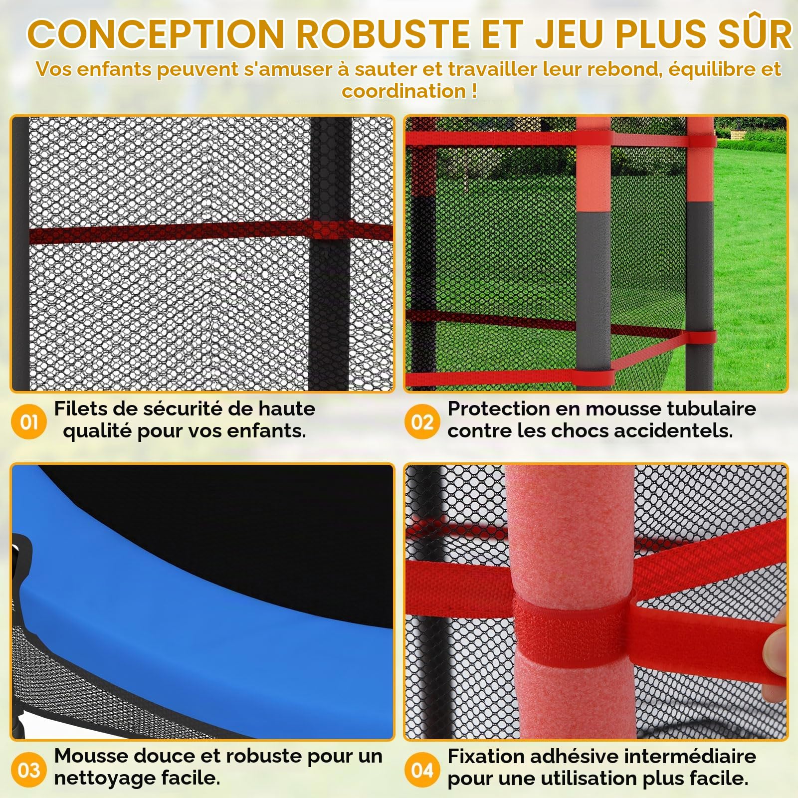 Trampoline pour enfant Ø 140 cm – avec filet de sécurité, porte zippée et filet de sol, suspension en corde en caoutchouc, intérieur/extérieur, charge jusqu'à 55 kg, pour enfants à partir de 3 ans